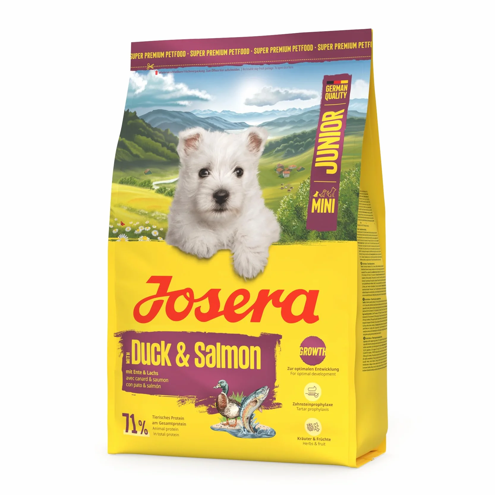 JOSERA Mini Junior kaczka i łosoś (1 x 3 kg) | sucha karma premium dla rosnących psów do 10 kg od 6. tygodnia | karma dla szczeniaków dla optymalnego rozwoju | małe krokiety | bezglutenowa | 1