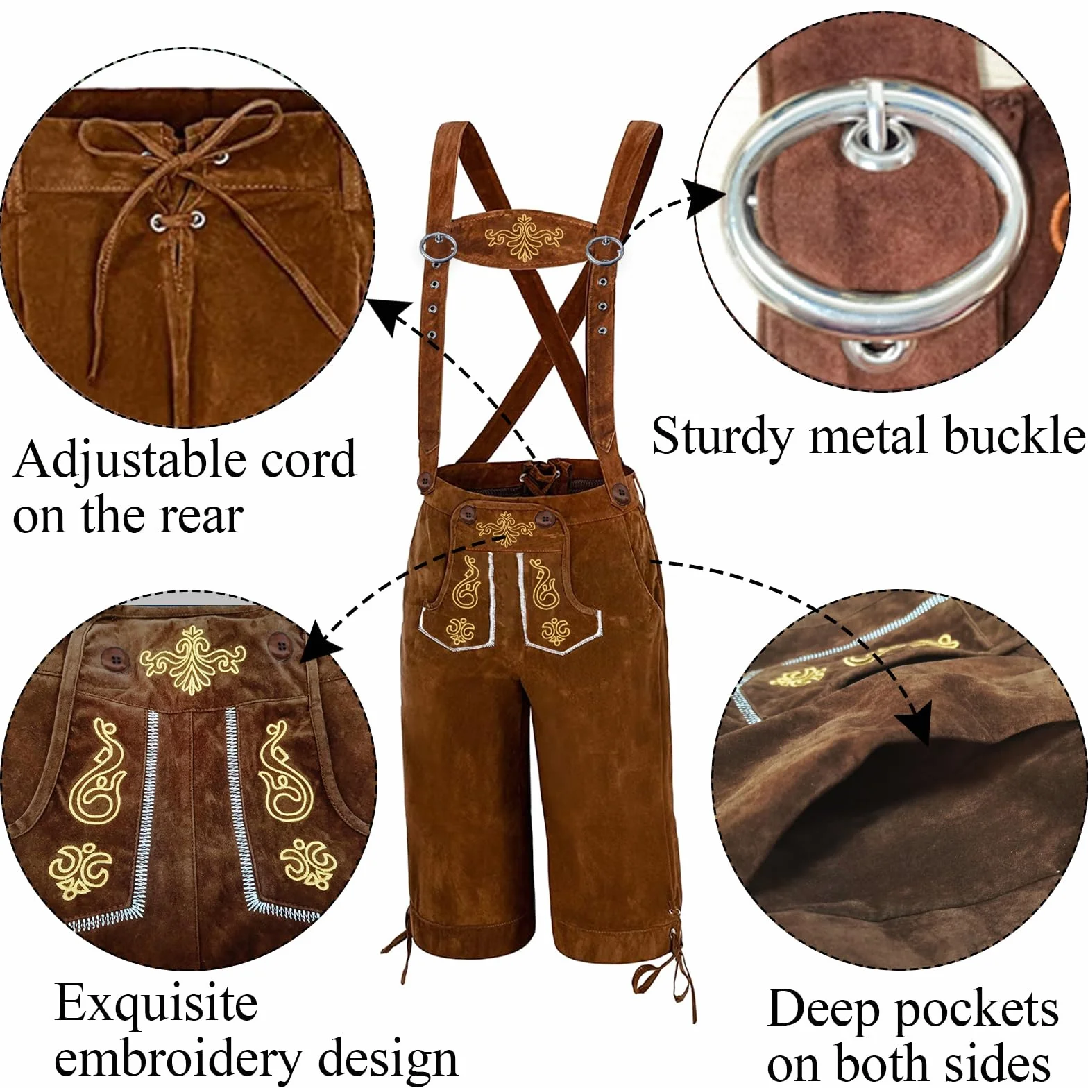 Lederhosen spodnie skórzane, męskie spodnie Oktoberfest, spodnie skórzane, bawarskie, brązowe