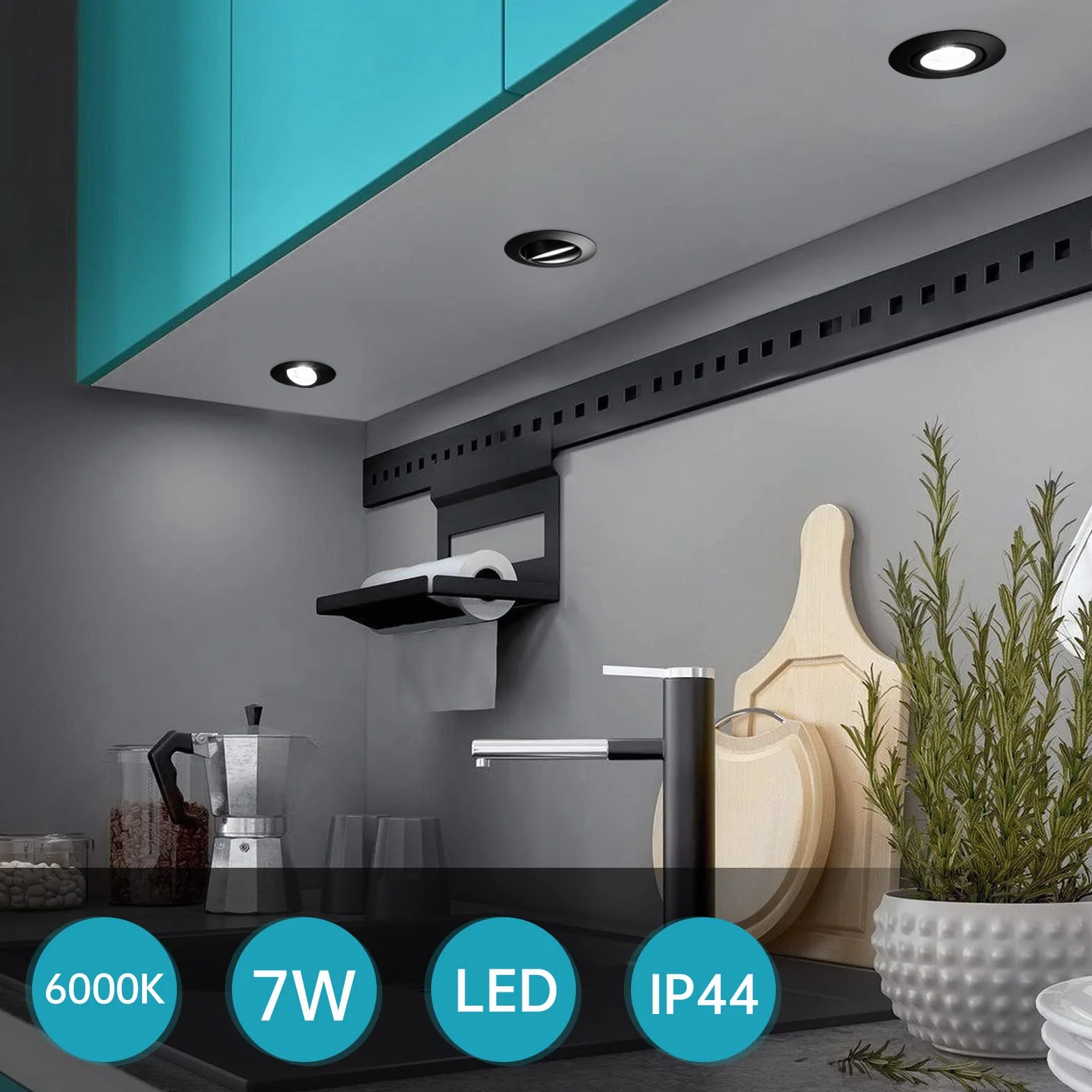 wowatt 10 x wpuszczana lampa punktowa LED, ściemnialna czerń łazienkowa, 7 W wpuszczana lampa sufitowa IP44 zimna biel 6000 K, ekwiwalent 700 W Halogenowa bardzo płaska lampa sufitowa, 700 lm,