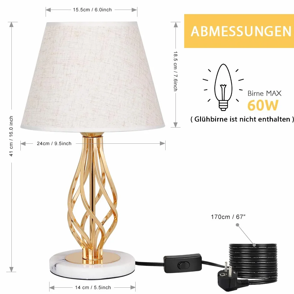 LIANTRAL Lampki nocne, Lampa nocna, 2-częściowy zestaw – nowoczesna lampa stołowa do sypialni, salonu, Marmurowa podstawa i lniany klosz, Złota ramka