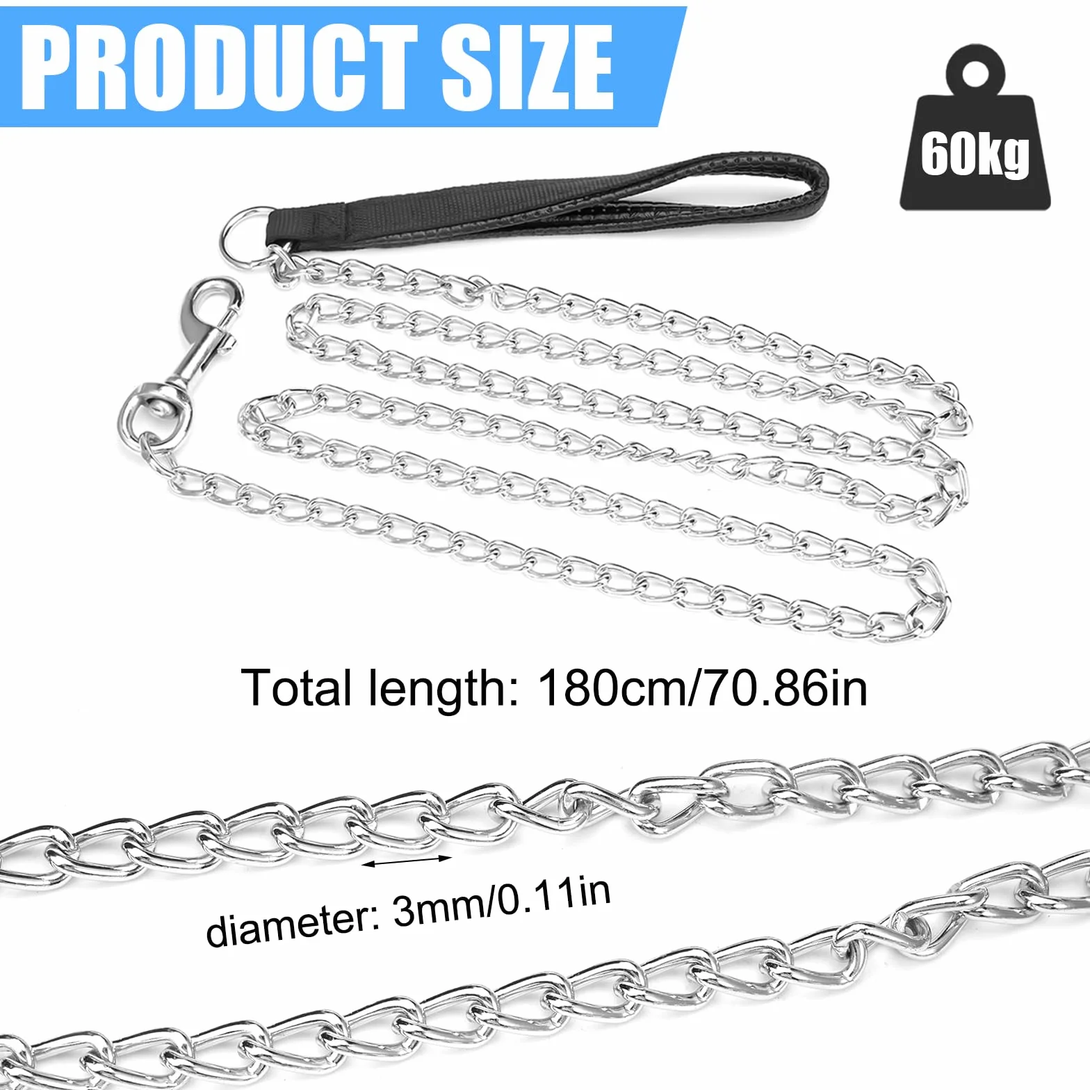 Wytrzymała smycz dla psa z metalu, długość 180 cm, odporna na ugryzienia, z miękko wyściełanym uchwytem, odporna na korozję i rdzę, metalowa smycz treningowa, łańcuch dla dużych i średnich psów