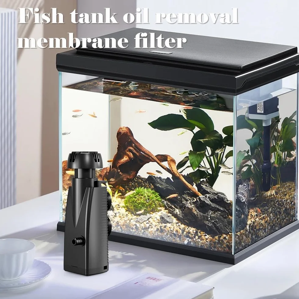 Skimmer do akwarium z bio-gąbką i przyssawkami, zbiornik na ryby, odkurzacz powierzchniowy, filtr do akwarium o pojemności do 350 l, środek do usuwania filmu olejowego, pompa filtrująca (300 l/wys. 4
