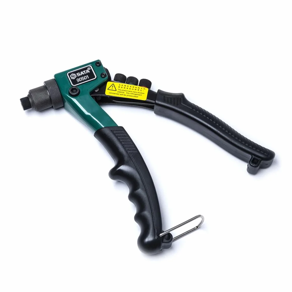 SATA ST90501SC 8-calowy pistolet do nitowania, z wytrzymałym stalowym korpusem i sprężynowym gumowym uchwytem, który automatycznie wysuwa trzpienie nitów