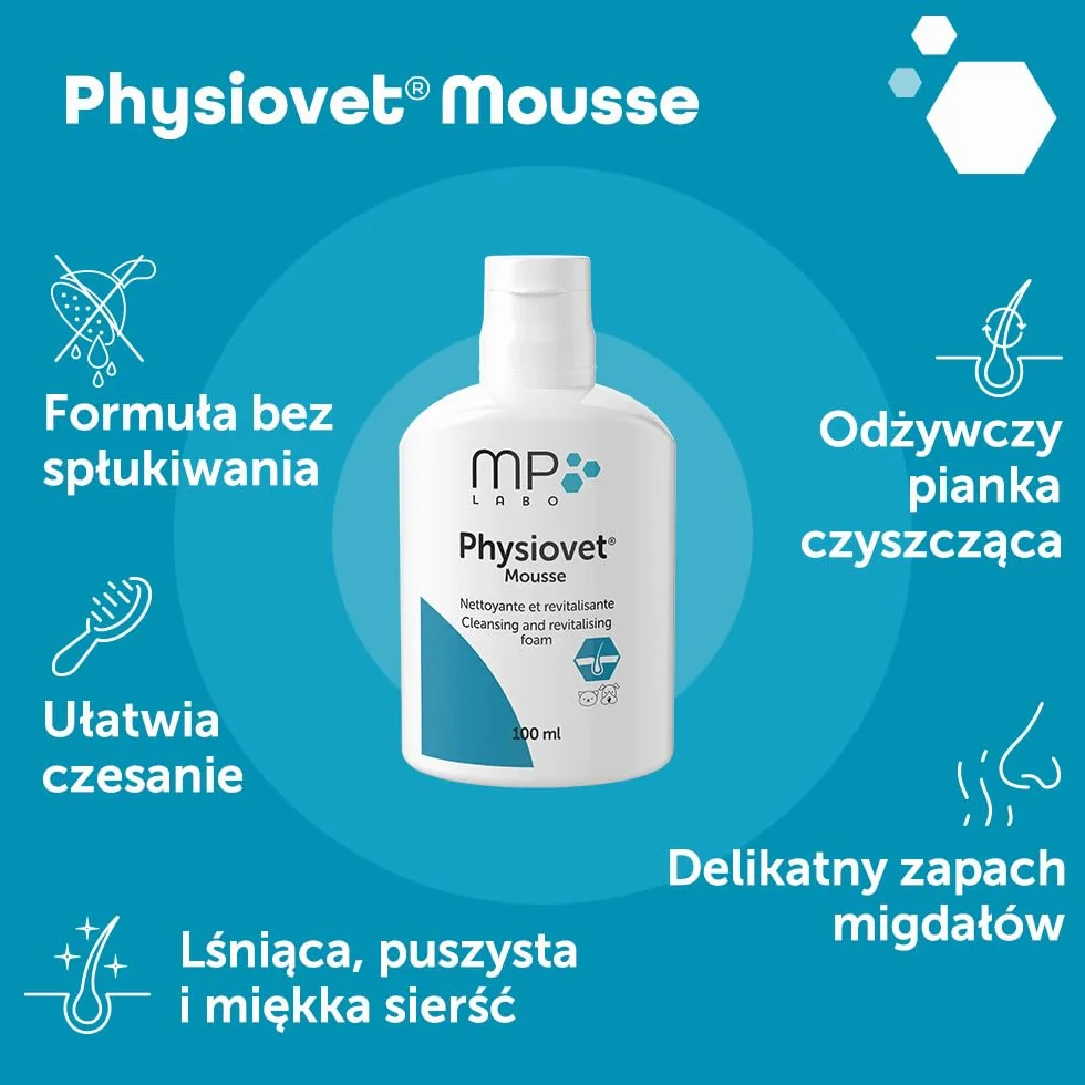 MP Labo Physiovet® Pianka 100 ml - pianka oczyszczająca i odżywcza bez spłukiwania dla psów i kotów - zapach migdałowy