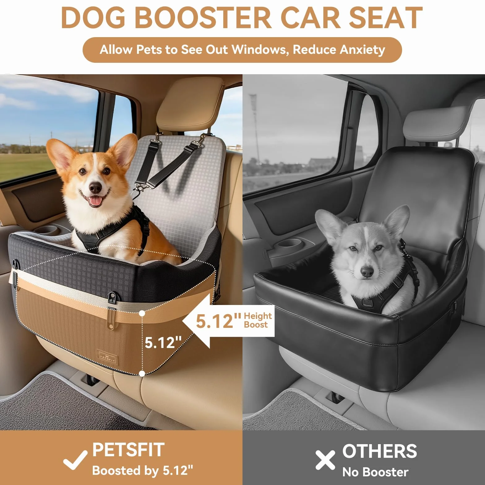 PETSFIT Podwyższony fotelik samochodowy dla małych/średnich psów o wadze do 15 kg – 15 cm, podwyższona poduszka obserwacyjna, smycz bezpieczeństwa 700N, antypoślizgowa podstawa, nadająca się do prania