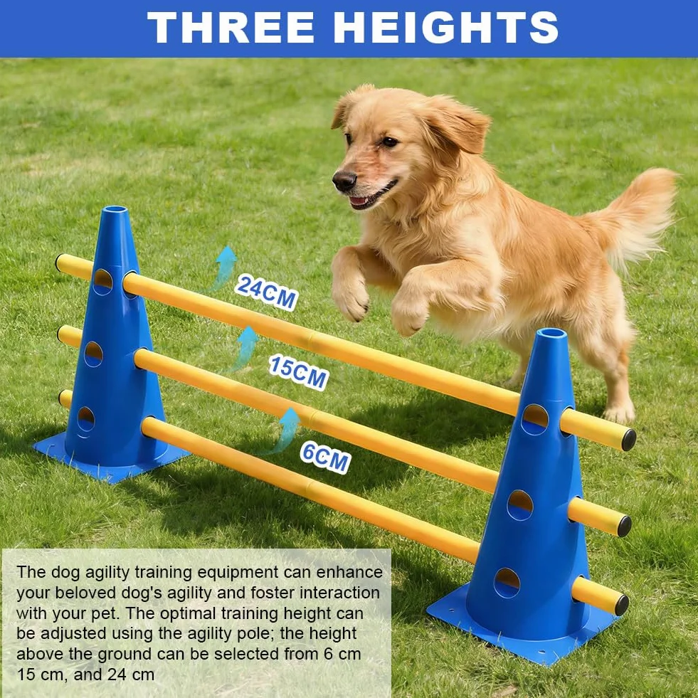 Agility zestaw małych psów Cavaletti dla psa, akcesoria hobby, akcesoria treningowe do piłki nożnej, pomoc edukacyjna - wysokość 23 cm, 10 stożków, 5 drążków, worek siatkowy