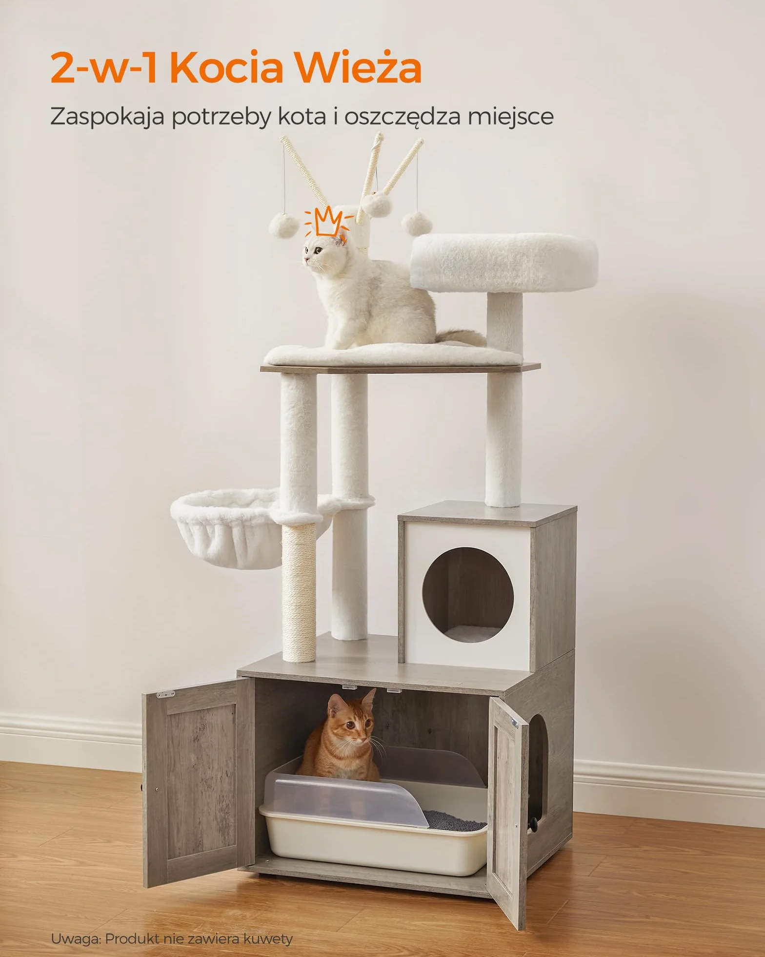 Feandrea PCT113G01 Drapak z szafką dla kota, 2 w 1, szafka na kuwetę dla kota, z pniami sizalowymi, zdejmowane kulki pluszowe, szarobeżowy, 151 cm wysokości