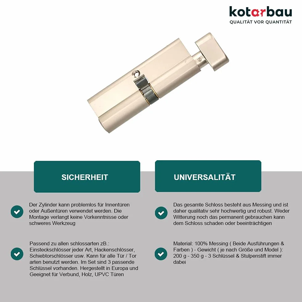 KOTARBAU Zamek Cylindryczny 30/30 Nikiel z Gałką - Cylinder Profilowy Do Drzwi - Zamek Podwójny