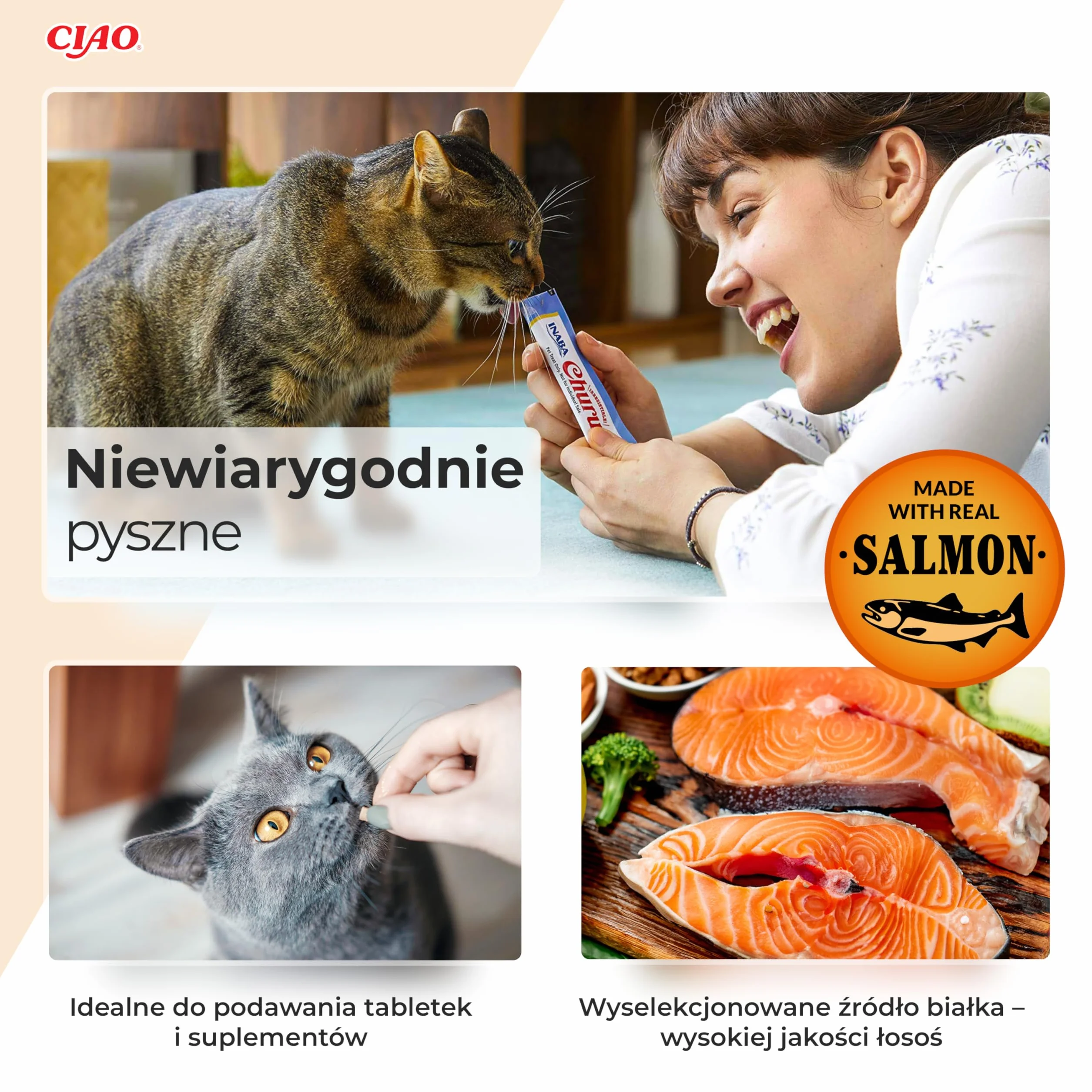 INABA Churu Treats Cat Treats 30% łososia, bogaty w kwasy omega 3, witaminę E, kolagen, tylko 12 kcal na tubkę | zdrowe przysmaki dla kotów z Japonii, 56 g (1 opakowanie)