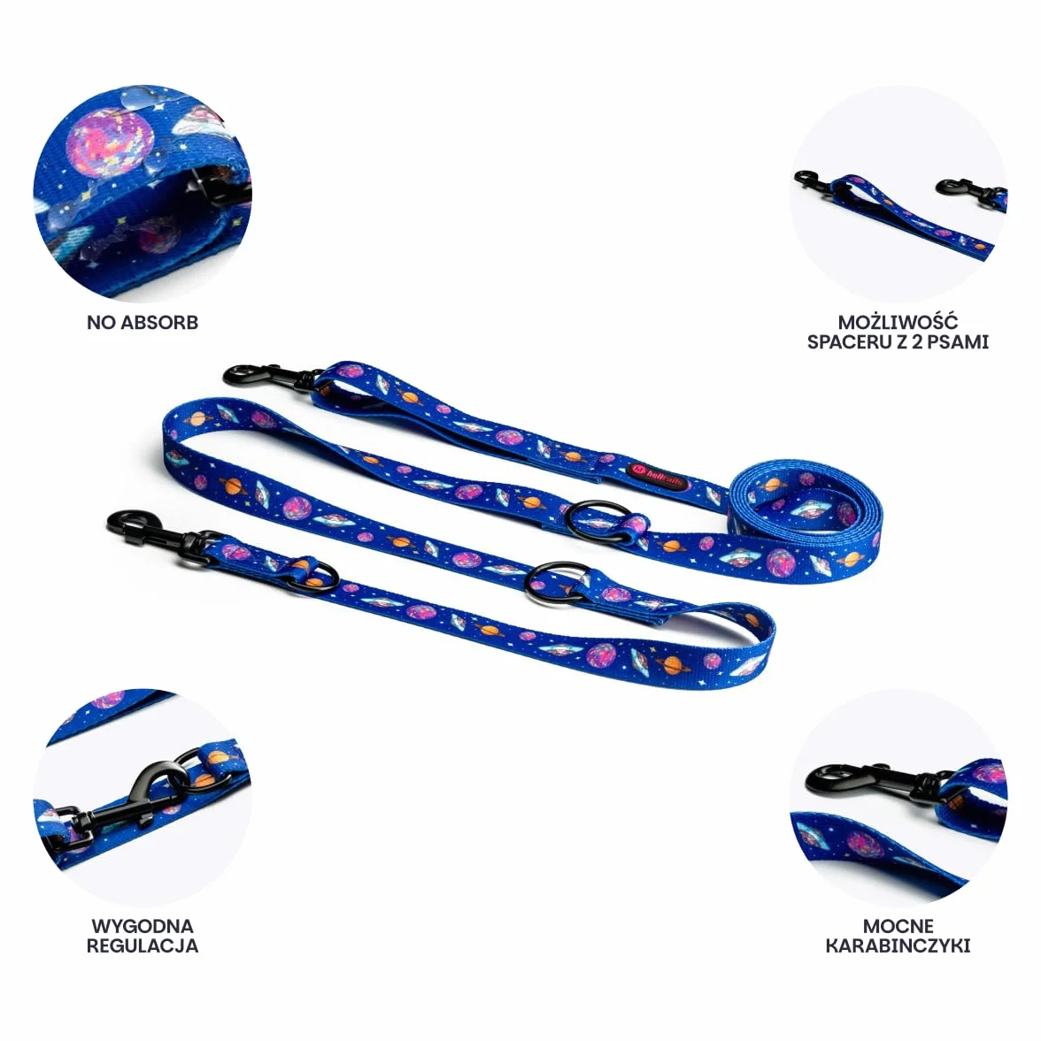 Smycz dla Dużego Psa Przepinana 1.6-3M | NO ABSORB | Szerokość 2.5cm | Regulowana | Spacer z dwoma psami jednocześnie | Obrotowe karabińczyki | 2 Możliwości noszenia | Cosmic Bloom - L