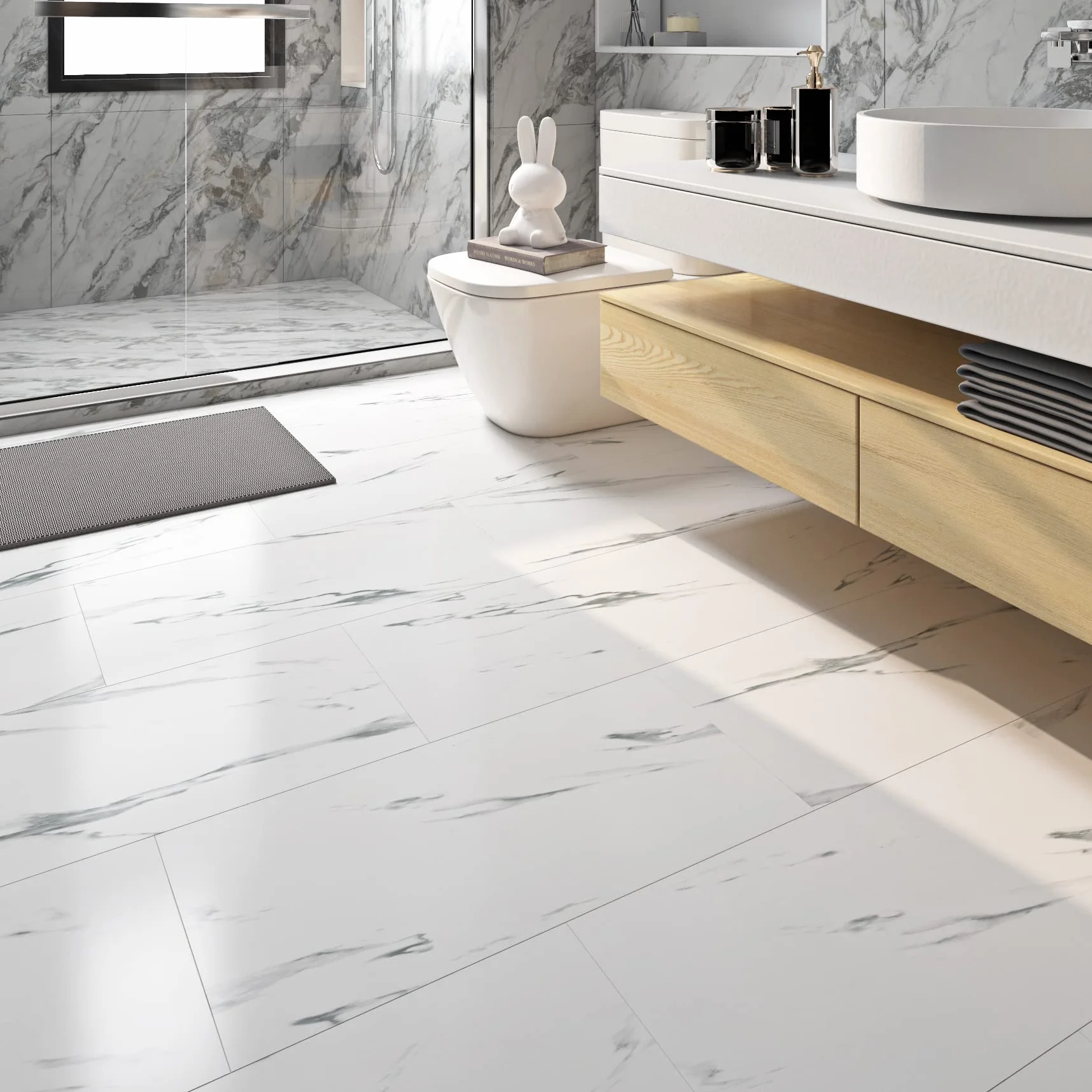 FunStick Samoprzylepna podłoga PCV Marble Look White 30×60CM 5 sztuk Płytki samoprzylepne Łazienka Płytki podłogowe Naklejki Kuchnia Winylowe płytki podłogowe Samoprzylepne marmurowe podłogi