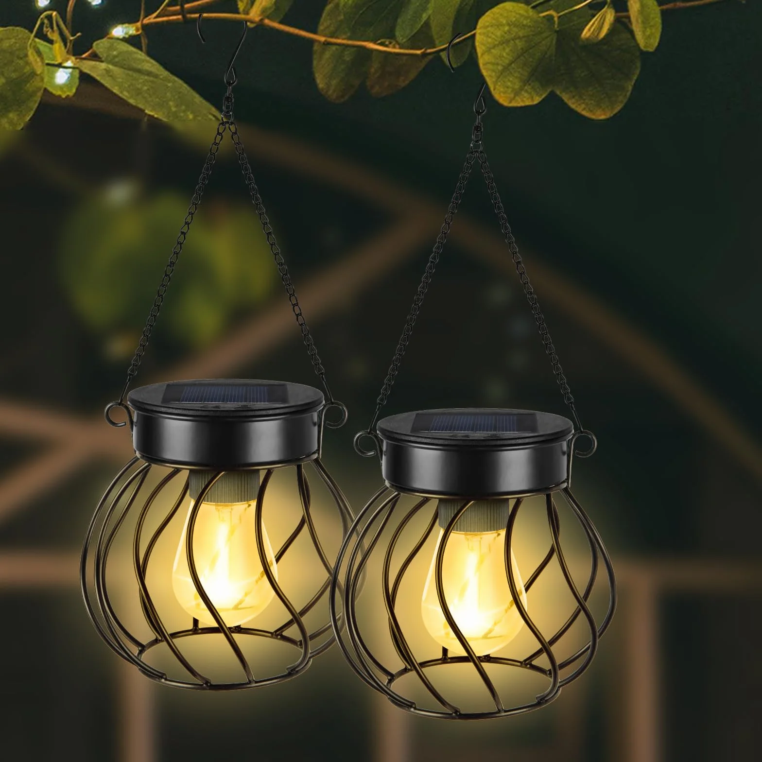 2-pak lampionów solarnych Flintronic – wodoodporne wiszące metalowe lampy solarne do ogrodu IP65 na podwórko, ścieżkę, patio, trawnik, stół i ozdoby ogrodzeniowe