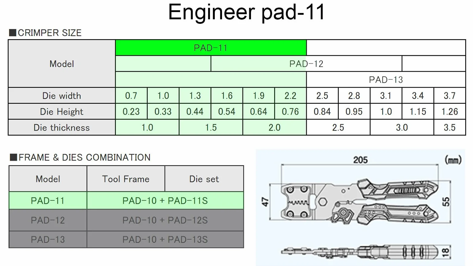 Precyzyjne uniwersalne narzędzie do zaciskania z wymiennymi płytami matrycowymi (rozmiar S) poręczne narzędzie do zaciskania. Wyprodukowano w Japonii. ENGINEER pad-11, pomarańczowy