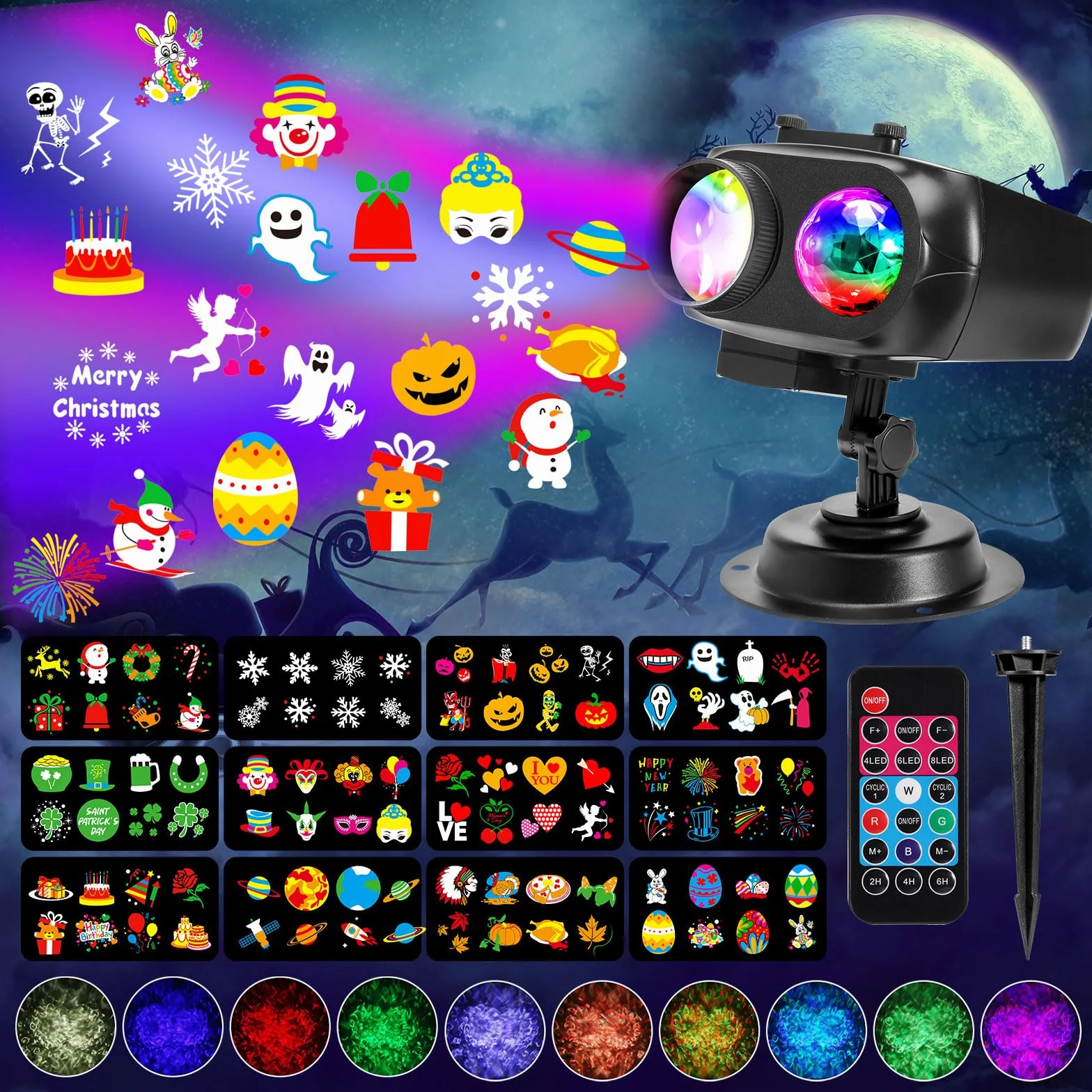 Projektor bożonarodzeniowy na Halloween, Boże Narodzenie, do użytku na zewnątrz, do użytku wewnątrz i na zewnątrz, lampa projekcyjna LED, IP44, lampa projektorowa, 12 folii, 96 wzorów, 10