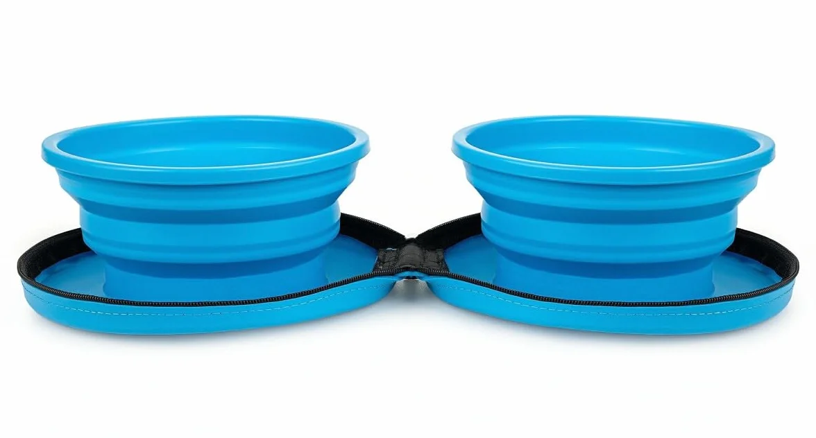 HAPPET Podwójna Miska Składana Zamykana Ø15 cm | 2×0,7 L dla Psa – Silikonowa Niebieska z Etui, Duża i Wygodna Miska Turystyczna na Karmę i Wodę, Podróżne Akcesoria dla Psów