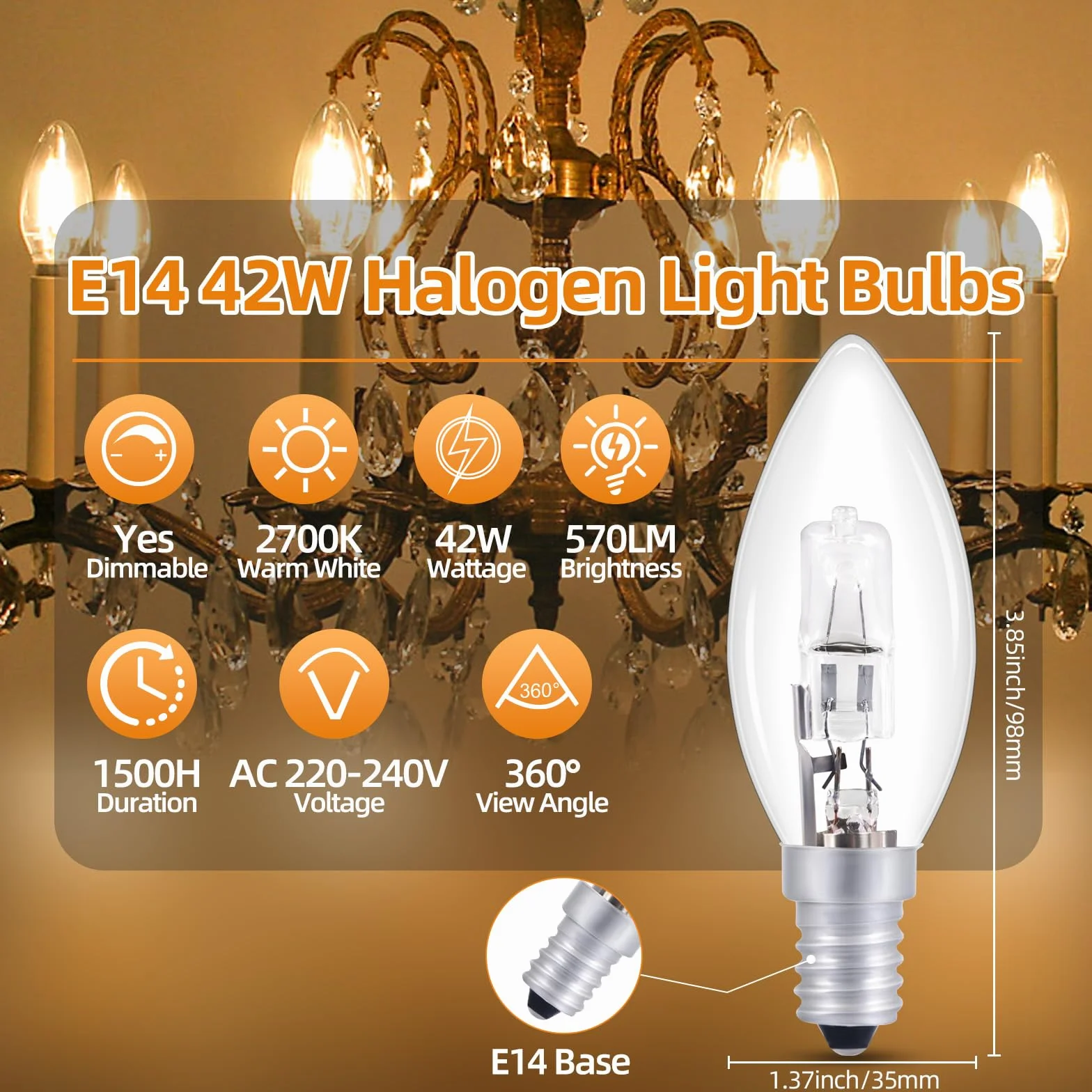 Żarówki halogenowe E14 do świec ściemnialne, ciepła biel 2700 K, 570 lm, AC 220-240 V, żarówki E14 SES C35 do świec z małą śrubą, dekoracyjna żarówka do żyrandola, lampy sufitowej, 5 sztuk