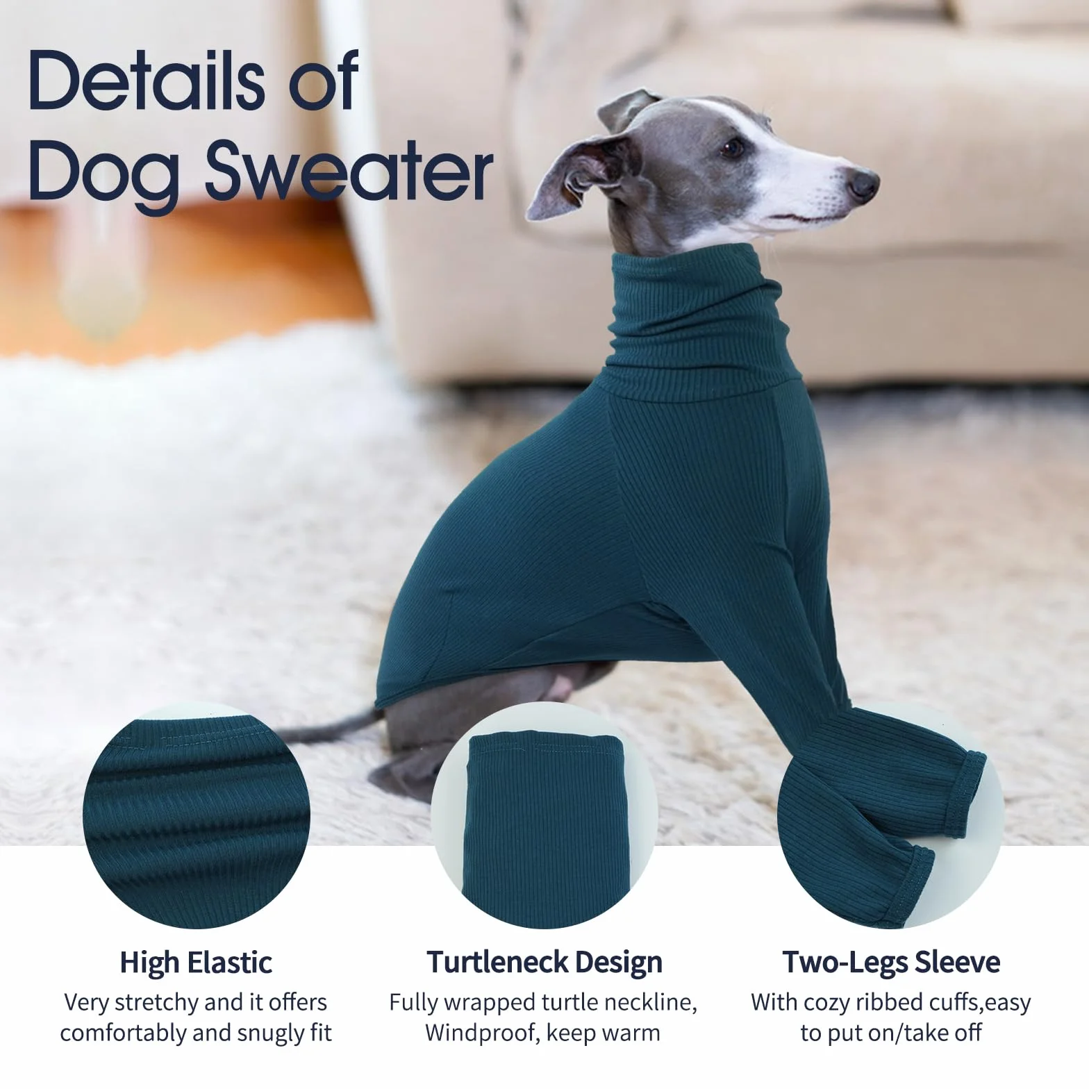 IECOii Whippet Sweter, golf chartów sweter dla małych psów, włoski charta bluza pulower dla psa kombinezon dla Lurcher, lekka i przytulna piżama charta rozciągliwy sweter dla psa, rozmiar S