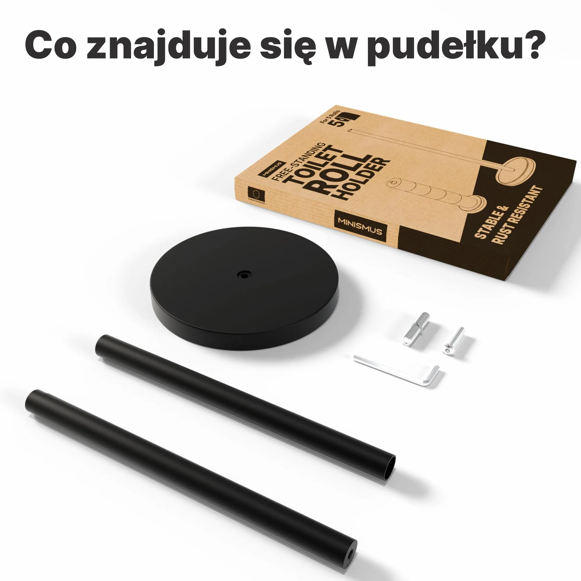 Minismus Stojak na papier toaletowy stojący z obciążoną podstawą zapewnia stabilne ustawienie, stojak na papier toaletowy ze stali nierdzewnej, zapewnia miejsce na 5 zapasowych rolek dla wygodnego