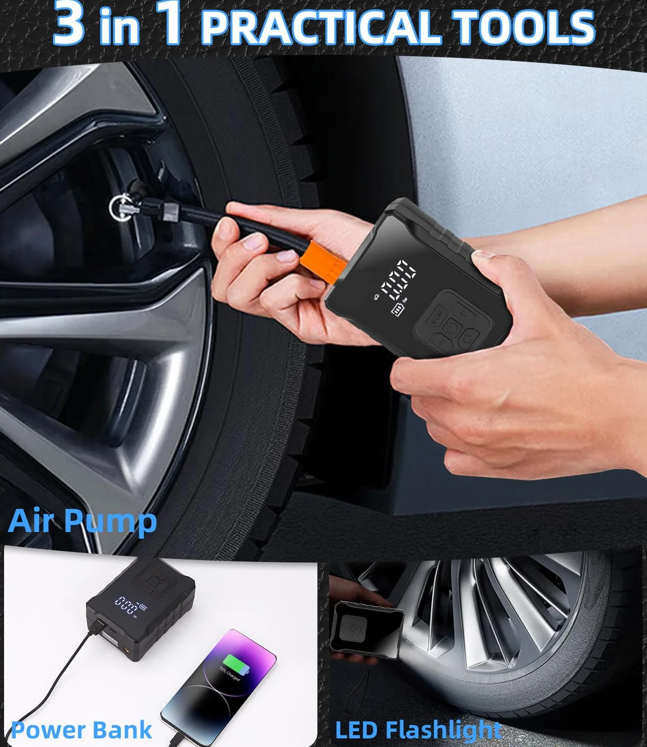Elektryczna pompa powietrza, mini sprężarka powietrza 150PSI Pompa rowerowa Elektryczna z cyfrowym wyświetlaczem LED Światło LED 3600 mAh Kompresor akumulatorowy do samochodu, roweru, motocykla, koszy