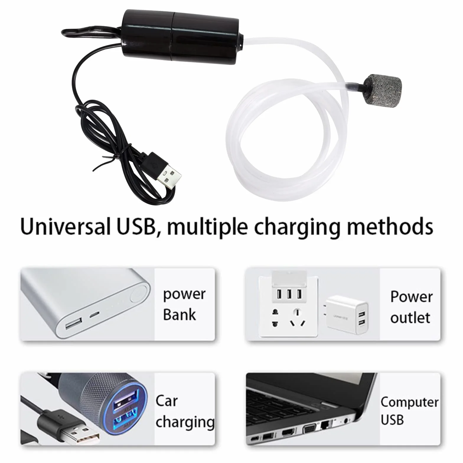 Colexy Pompa powietrza do akwarium USB mini tlenowa cicha regulowana z kamieniem powietrznym i wężem silikonowym