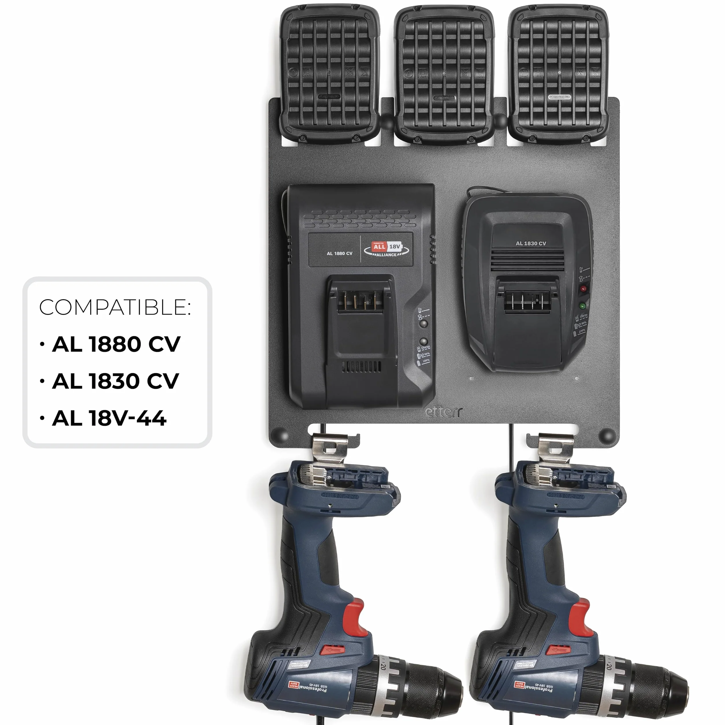 Metalowy uchwyt ścienny Bosch Home & Garden 18 V do akumulatorów i ładowarek kompatybilny z AL 1880 KM, 1830 KM, 18 V-44