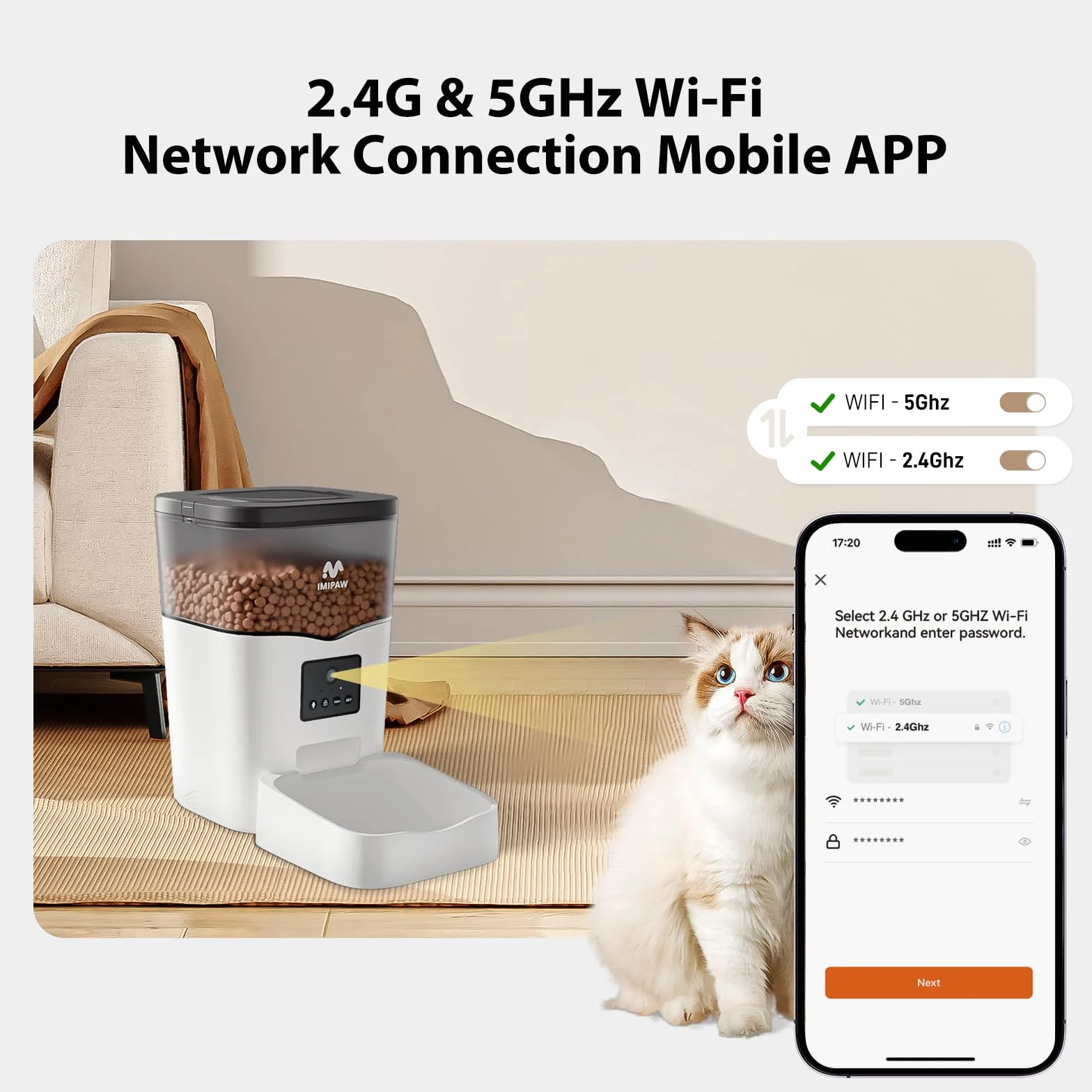 Automatyczny podajnik karmy dla kota z kamerą 1080P, WiFi 5G/2.4G, aplikacja, 1-8 posiłków, biały 3L
