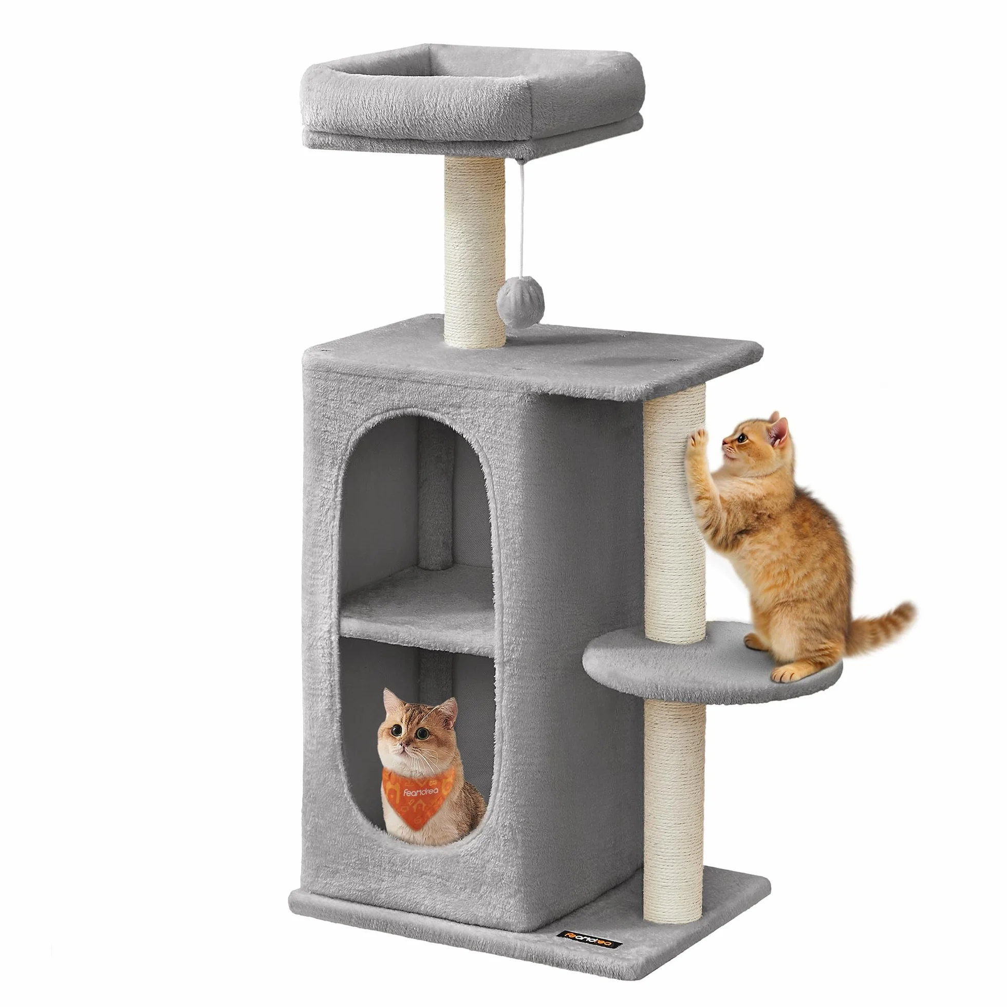Feandrea Cat Tree, Drapak dla kota z 2 jaskiniami, słupki do drapania, dla gospodarstw domowych z wieloma kotami, kocięta, jasnoszary PCT005G01