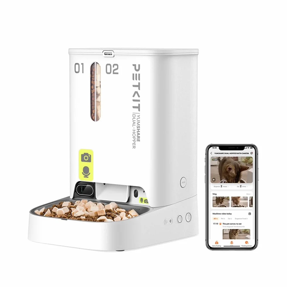 PETKIT Automatyczny Dozownik Karmy dla Kota z Kamerą, 5L Podwójny Lejek Automatyczny Karmnik dla Kotów/Psów, 1080P HD, Funkcja AI, 2.4G WiFi, Dwukierunkowe Audio, APP, Miska ze Stali Nierdzewnej