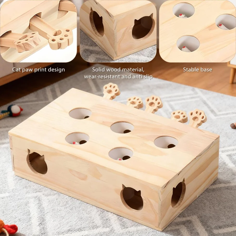 Drewniana interaktywna zabawka dla kota puzzle pudełko z myszami gra z kretami 5 otworów