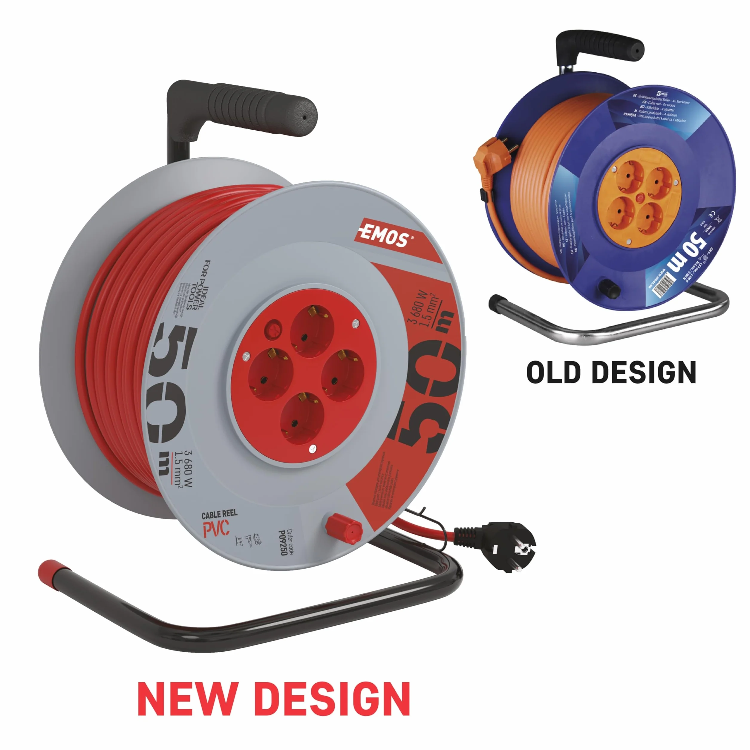 EMOS - Bęben kablowy 50 m – 4 gniazda Schuko – 230 V, 16 A, 3680 W – wysokiej jakości izolacja PCW – H05VV-F3G 1,5 mm² – zabezpieczenie przed przegrzaniem – IP20 do użytku wewnątrz pomieszczeń