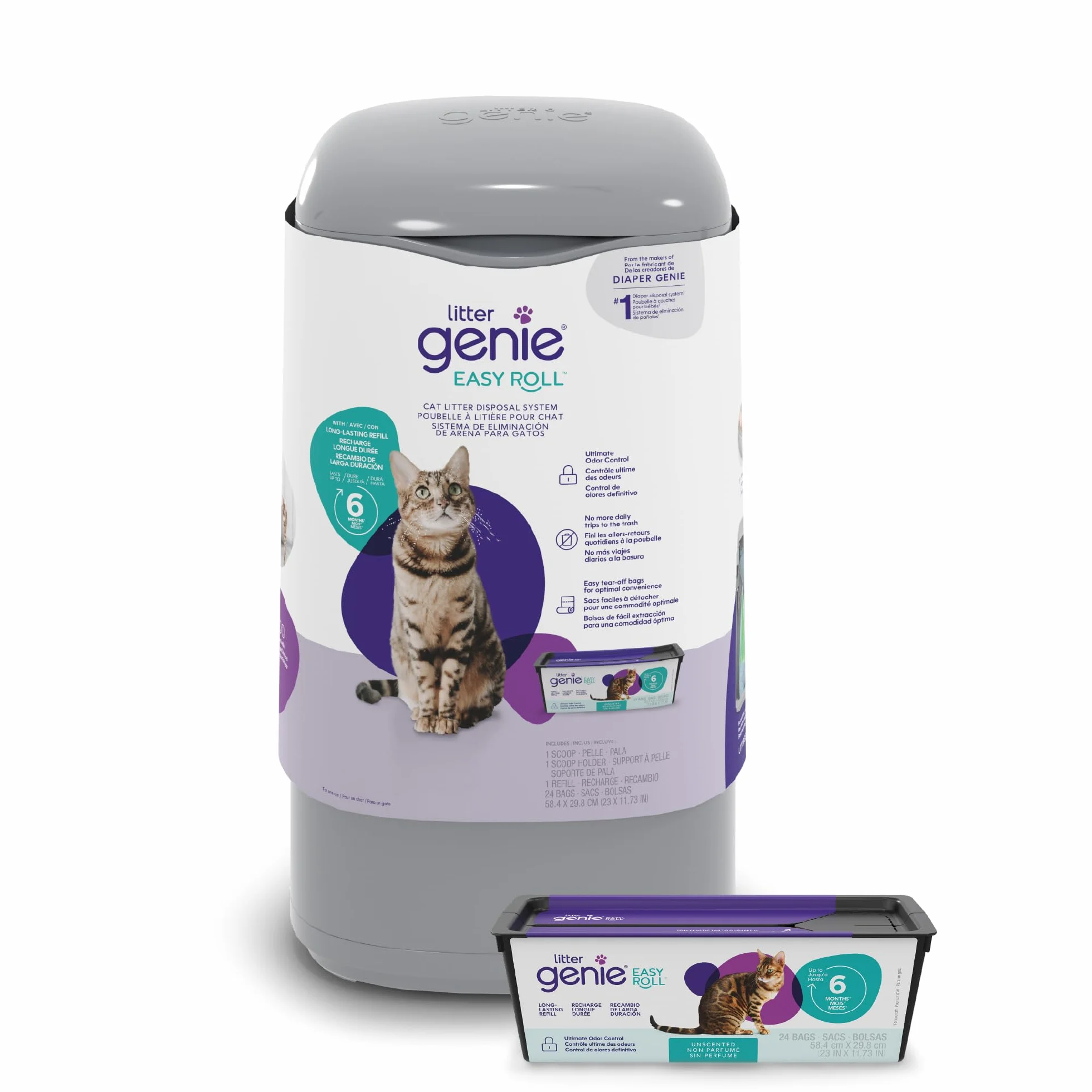 Litter Genie system utylizacji żwirek dla kotów, łatwe zwijanie wiaderka, kontrola zapachu, 1 wkład z 24 torbami