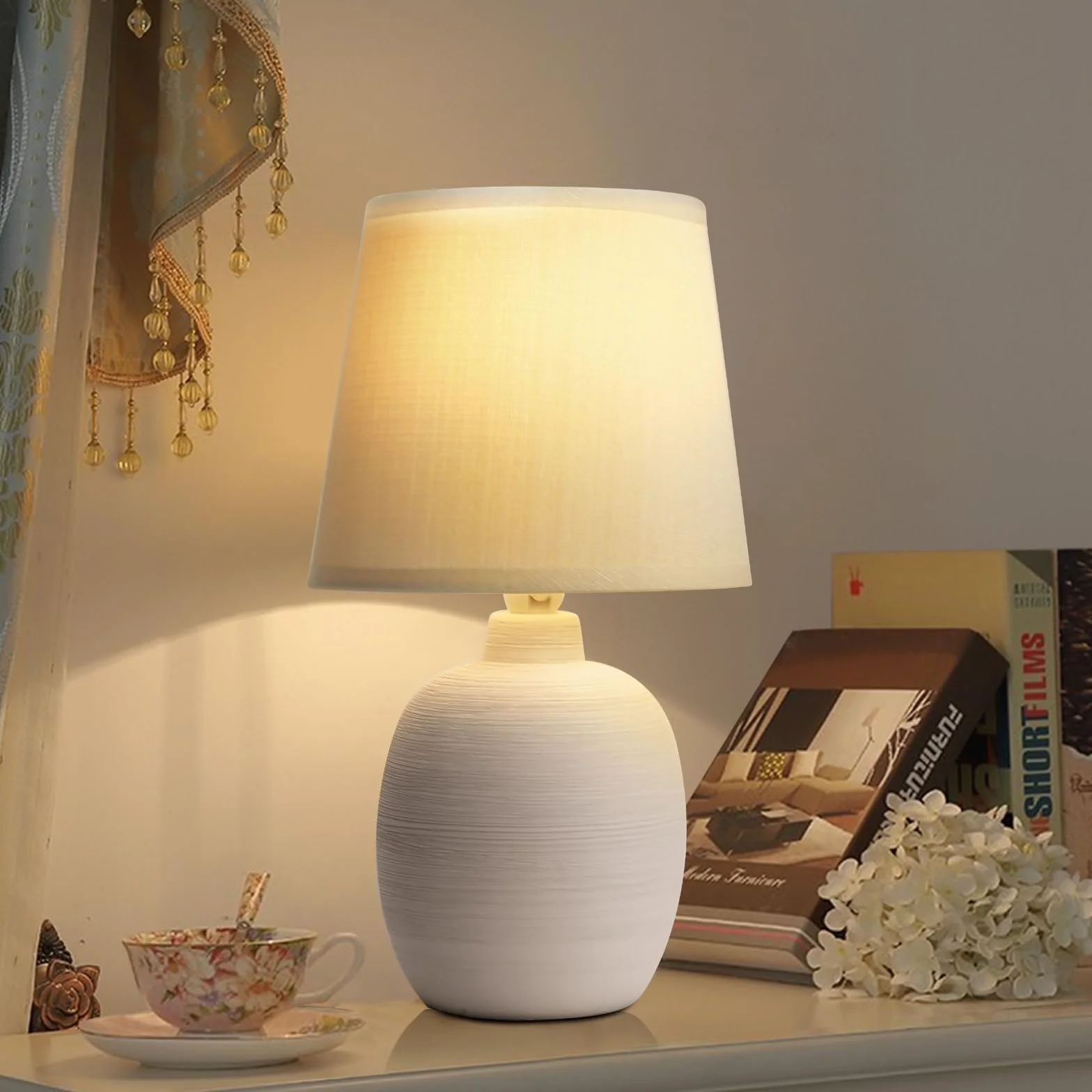 Aigostar Lampa stołowa E14 LED abażur z tkaniny vintage do sypialni