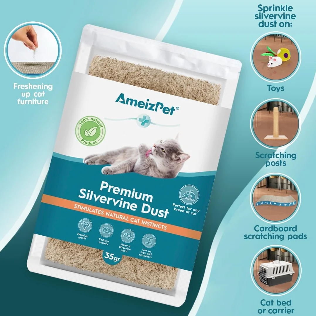 AmeizPet Silvervine Cat Dust, kocimiętka alternatywna do treningu i zabawy, pył behawioralny dla kotów i kociąt 35 g (0.08 Oz)
