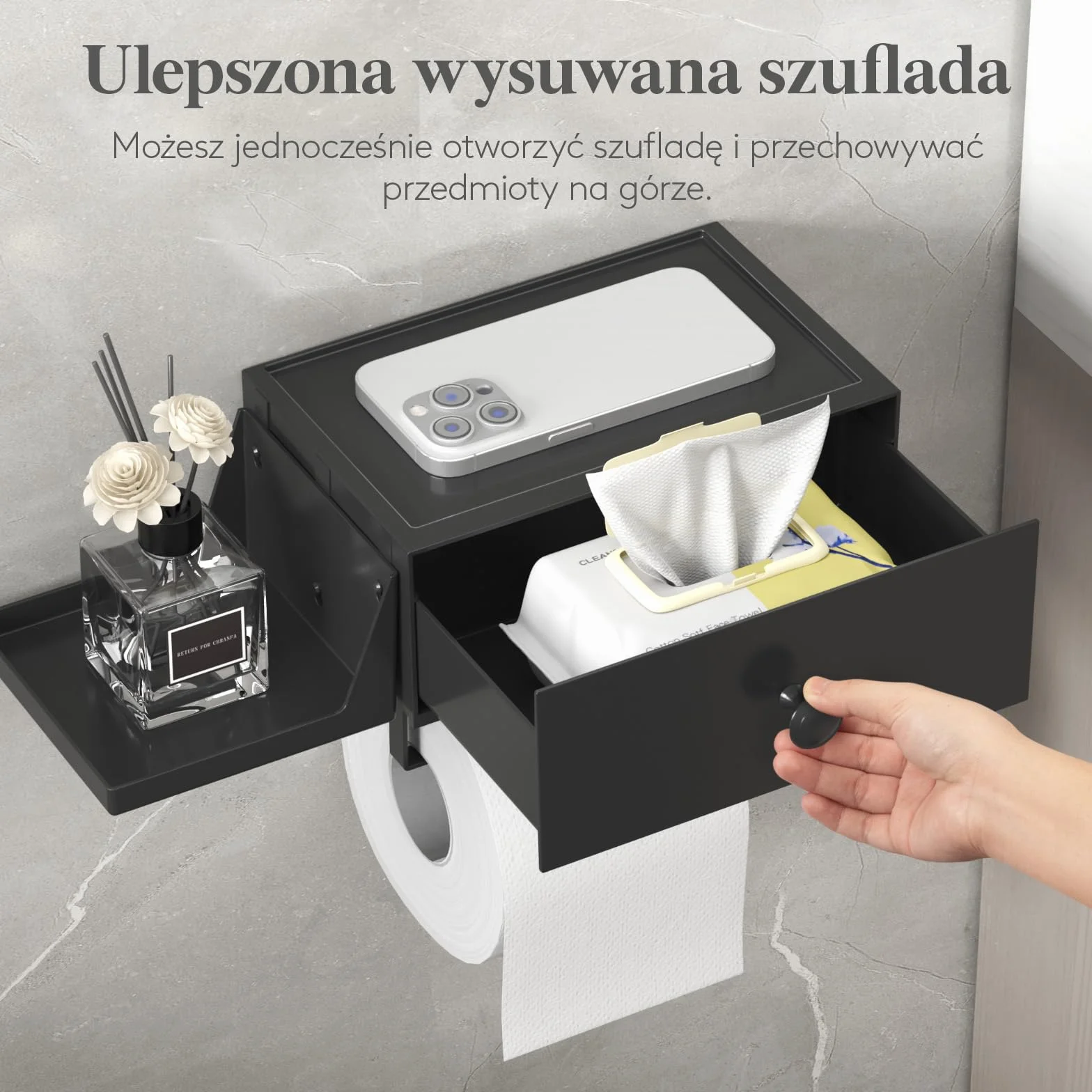 Lifewit SUS304 uchwyt na papier toaletowy, czarny, ze stali nierdzewnej, z pudełkiem na wilgotne chusteczki, uchwyt na papier toaletowy z półką do łazienki, toalety, montaż na klej / śrubę, 1 sztuka