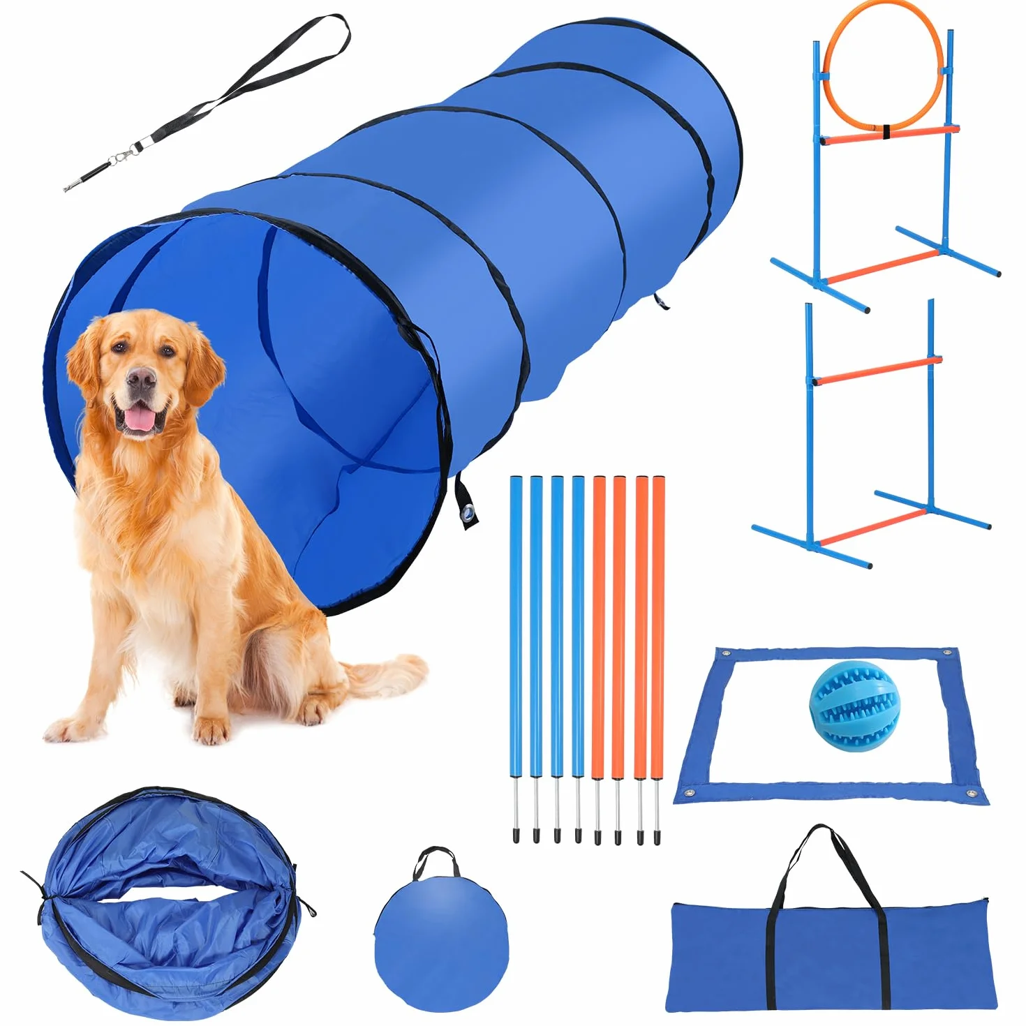Herrselsam Agility zestaw sprzętu dla psów, zestaw sprzętu zwinnościowego dla psów, akcesoria do treningu psa, przeszkoda, pierścień do skakania, tunel dla psa, 8 drążków slalomowych, piłka, fajka,