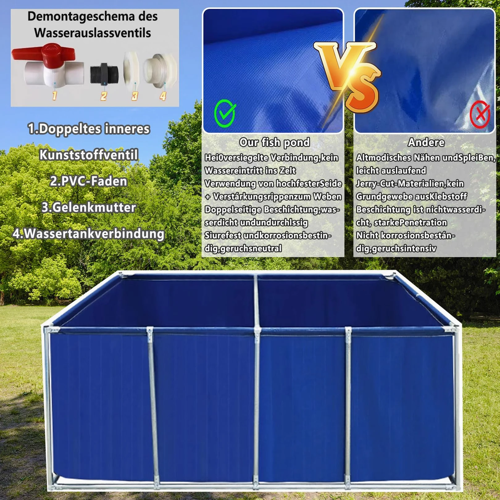 Akwarium zewnętrzne - Duży zbiornik na karp Koi i żółwie, PVC ze stalową ramą, niebieski, 1 x 1 x 0,6 m (3,3 x 3,3 x 1,9 stóp)