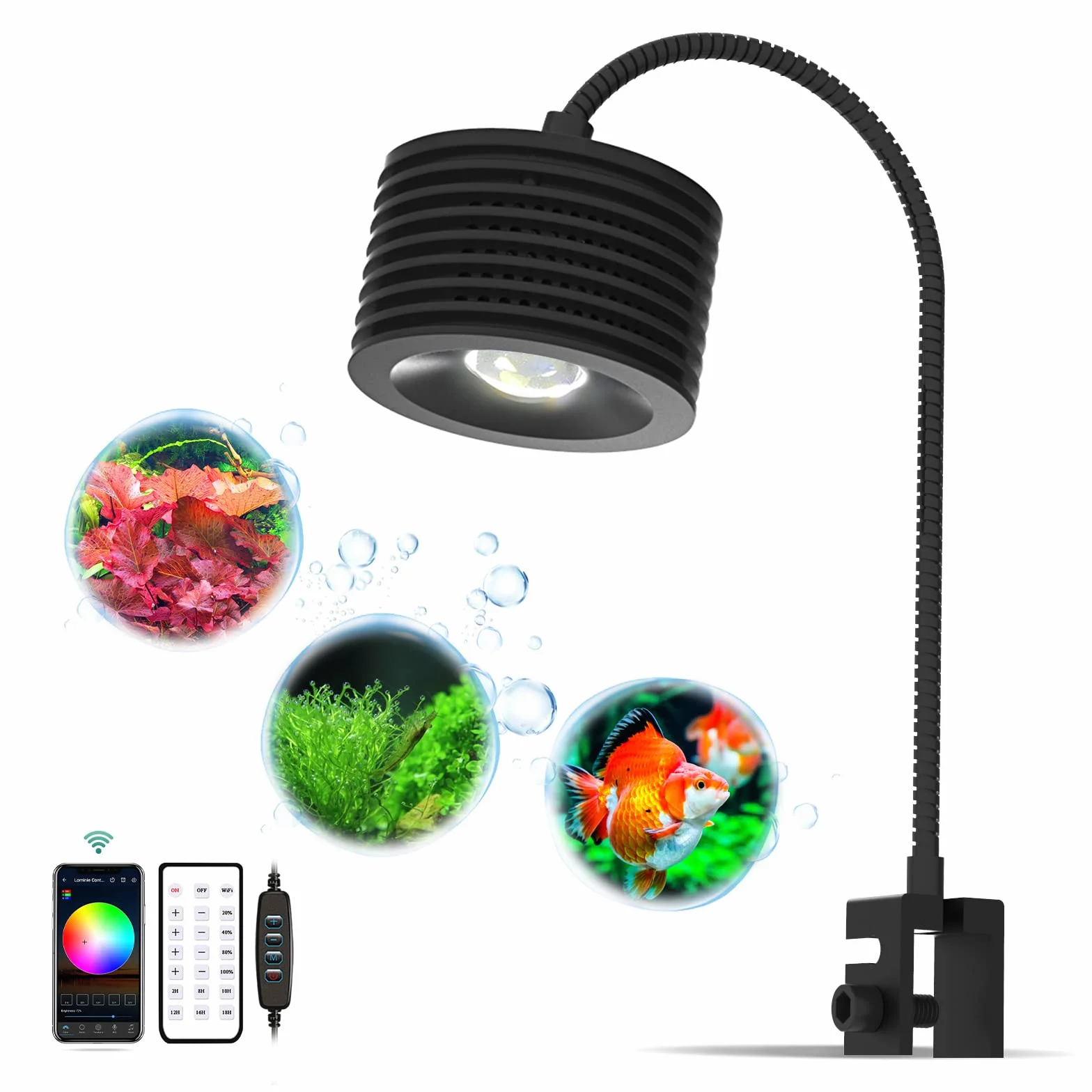Oświetlenie LED Lominie 20W z pełnym spektrum do małych akwariów rafowych. Giętka szyjka 360°, wodoodporność IP64 i 4-kanałowa regulacja światła, stworzone specjalnie dla koralowców i ryb słonowodnych