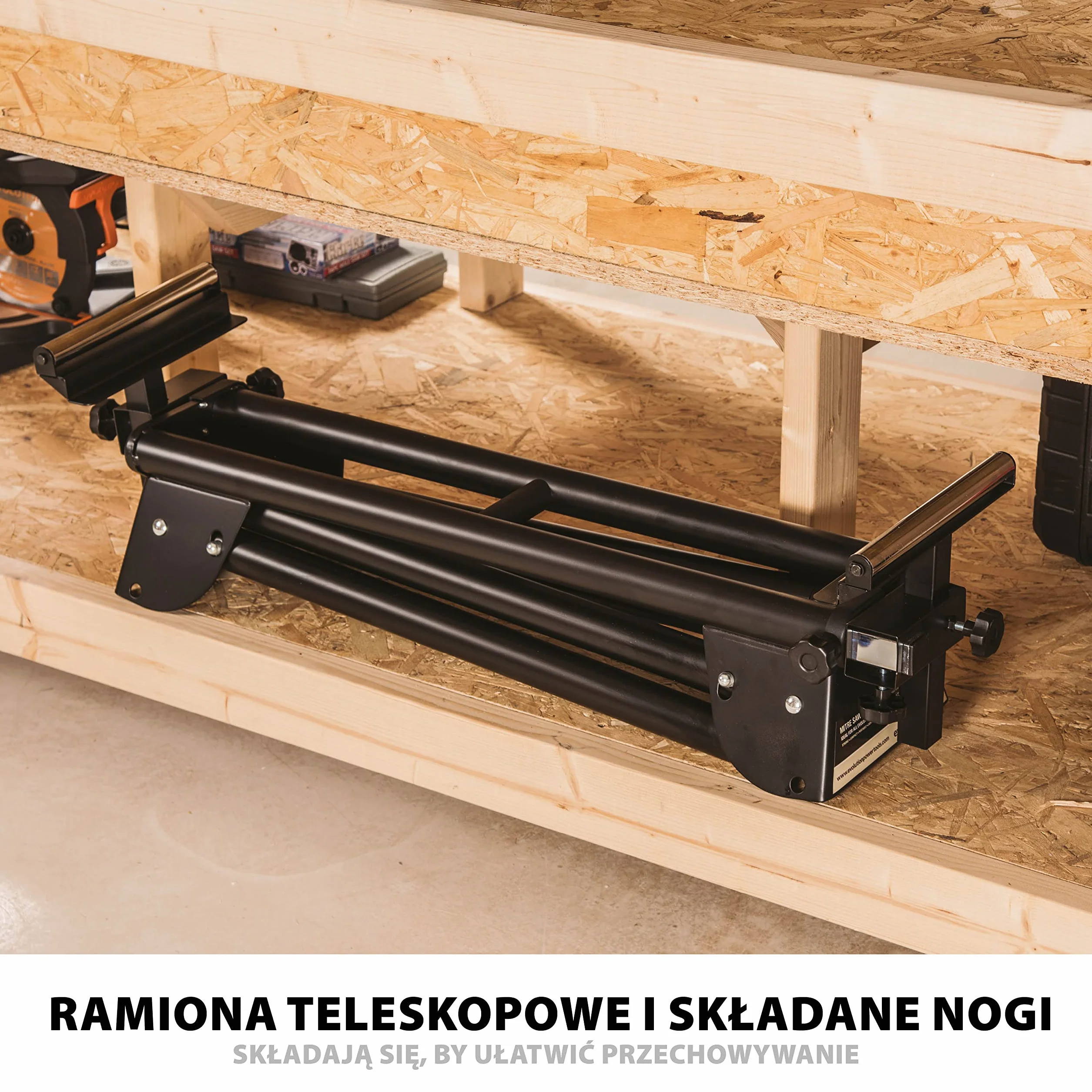 Evolution Power Tools Stojak do ukośnicy EVOMS1 – uniwersalny, kompaktowy, składany stojak z wysuwanymi ramionami. Pasuje do ukośnic Evolution, Makita, DeWalt, Bosch, Ryobi, Einhell i Metabo