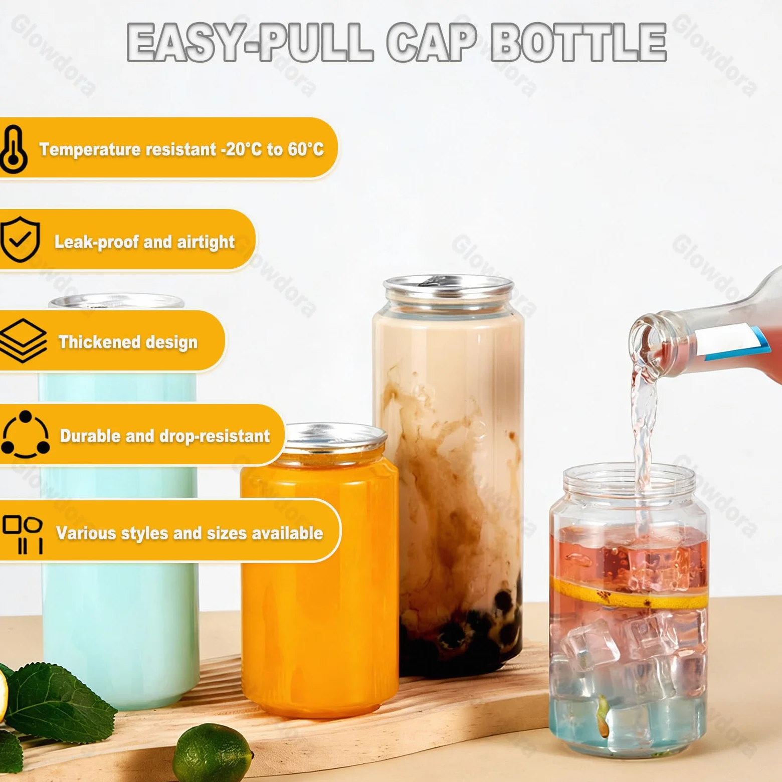 Plastikowe butelki dla zwierząt domowych z pokrywkami, szczelne pojemniki na sok, wodę, napoje gazowane, smoothie, przezroczyste słoiki klasy spożywczej, 250 ml do 500 ml, zestaw 200 szt