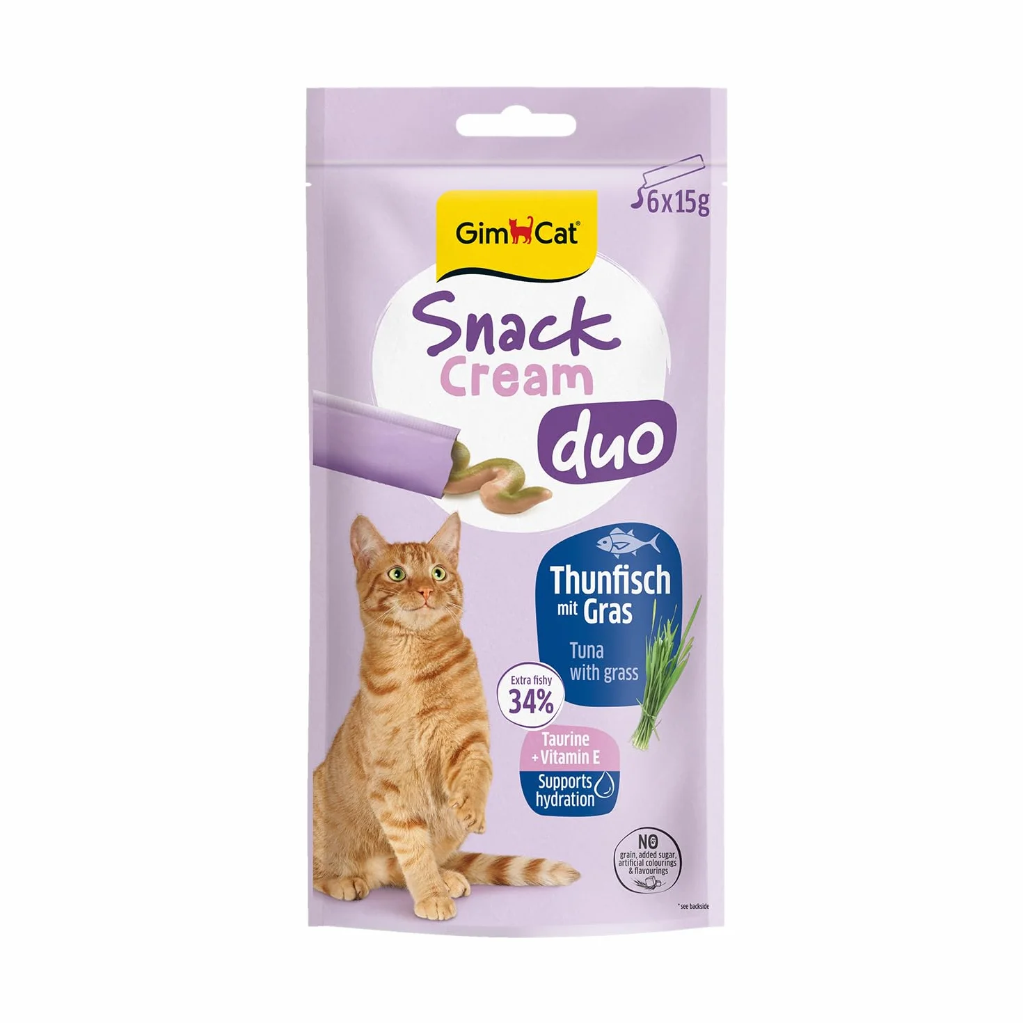 GimCat Snack Cream Duo Tuńczyk i trawa – pyszny krem na przekąski dla kotów w praktycznych, pojedynczo zapakowanych porcjach – 6 sztuk (6 x 15 g)