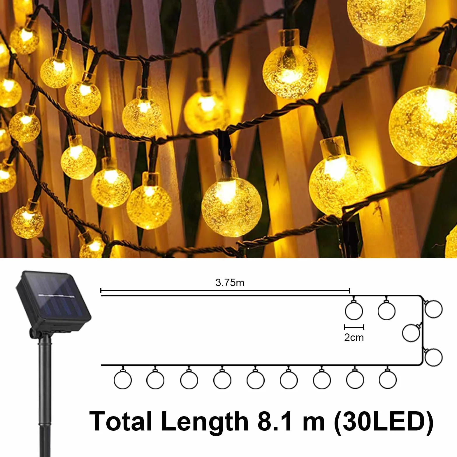 LQWELL® Słoneczne wróżki do ogrodu na zewnątrz, słoneczne łańcuchy świetlne Kryształowe kule 30LED 8 M 26FT IP44 8 trybów Wróżki do ogrodu na patio (Ciepła biel)