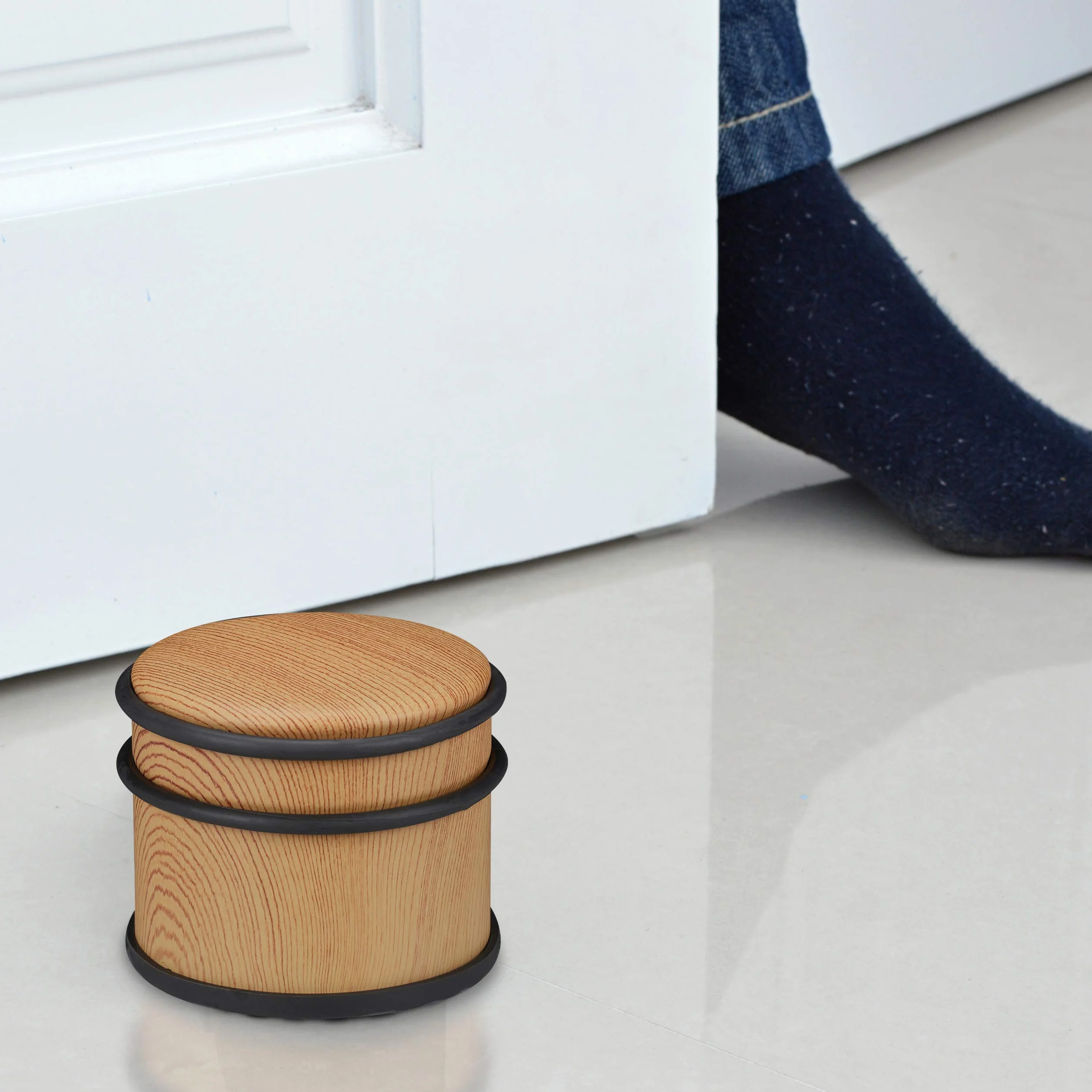 Relaxdays stoper do drzwi, blokada drewniana, gumowa, ∅ 9,5 cm, brązowy