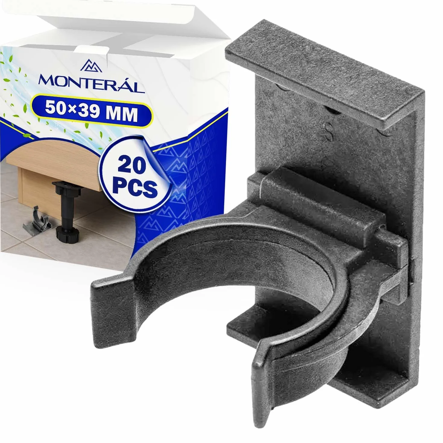 MONTERAL Zestaw 20 szt. Klipsy do mocowania nóg meblowych na podstawie 50 x 39 mm - tworzywo sztuczne w kolorze czarnym - 10 lat