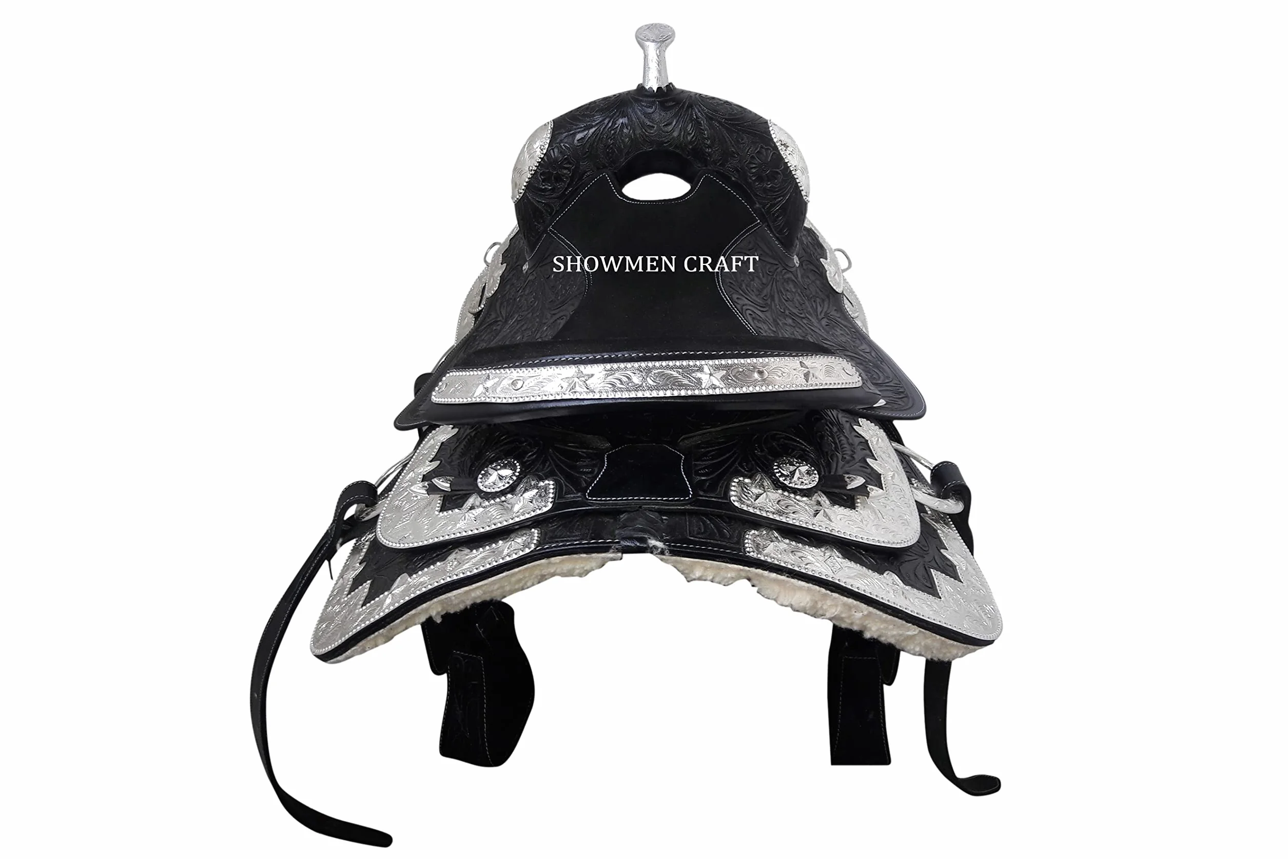 Western Saddle dekoracyjny srebrny strój wystawowy z nakryciem głowy i rozmówcą piersi 40 cm