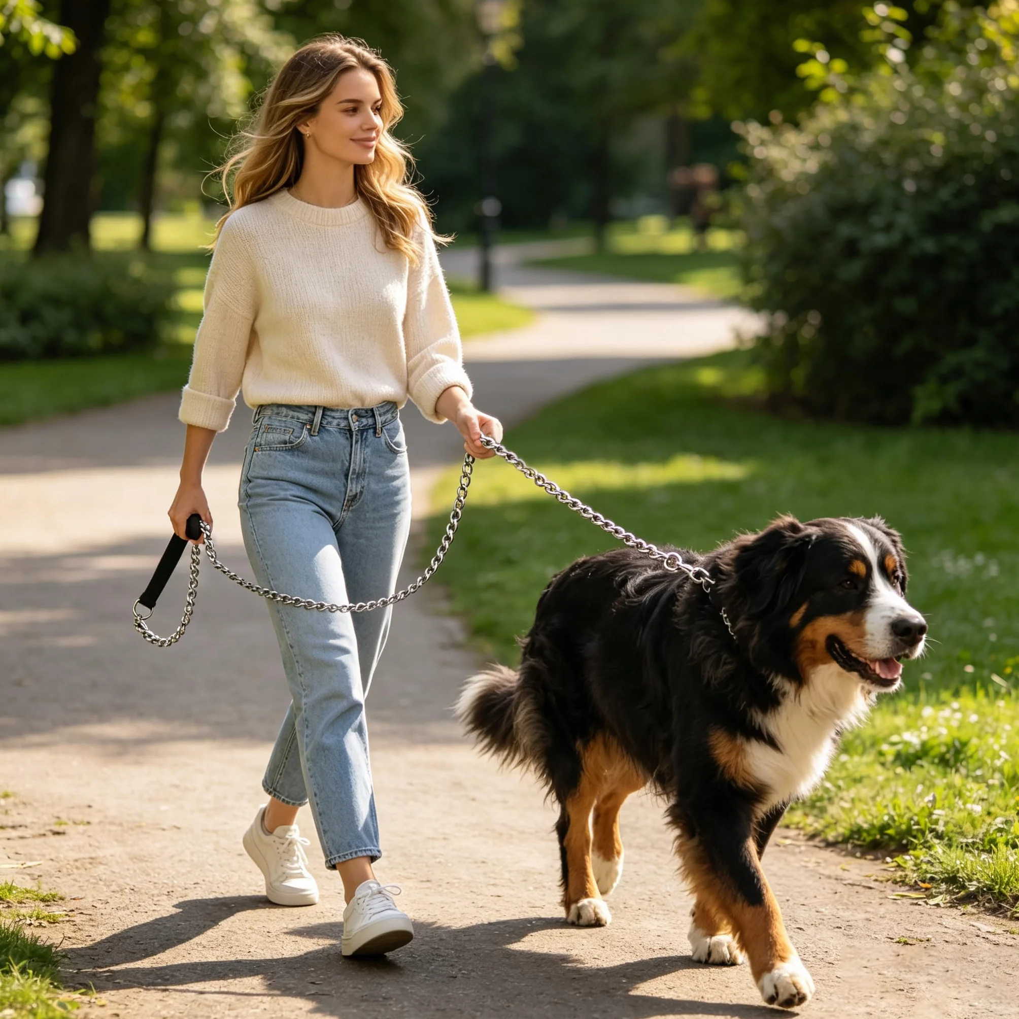 PETTOM Metalowa smycz łańcuchowa dla dużych psów, odporna na gryzienie, 1,2 m, wytrzymała, odporna na gryzienia, z nylonowym, miękkim, wyściełanym uchwytem, 4 mm