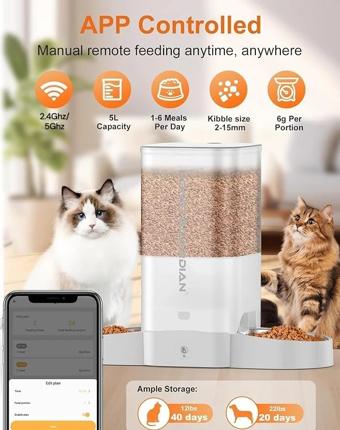HoneyGuaridan Automatyczny podajnik dla kotów, inteligentny karmnik dla zwierząt domowych 5G/2,4 G WiFi ze sterowaniem aplikacją do zdalnego karmienia, 5L czasowy dozownik karmy dla kotów