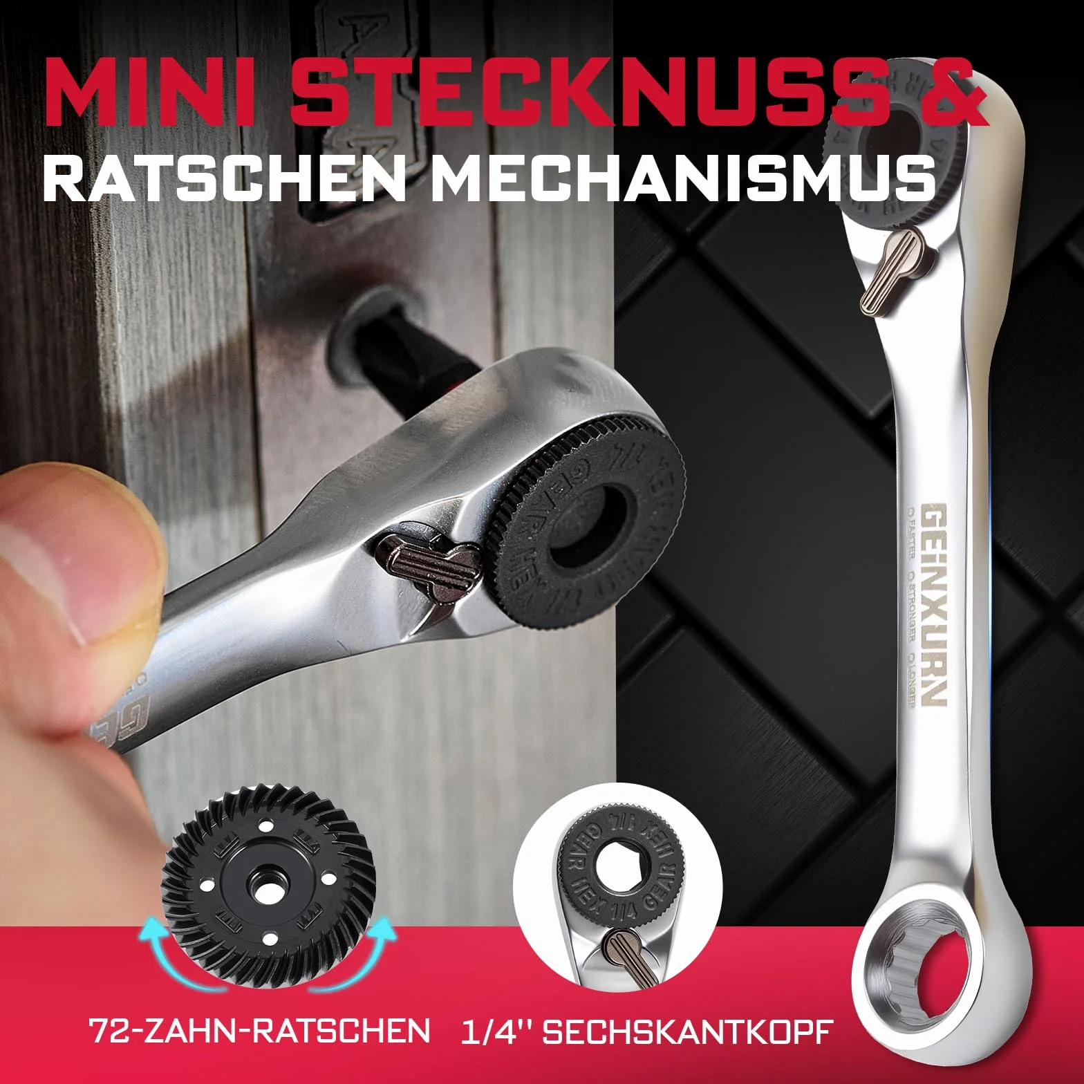 Geinxurn Zestaw 2 mini kluczy z grzechotką, 72 zęby, 1/10.2 cm, klucz nasadowy z grzechotką do ciasnych przestrzeni, z magnetycznym uchwytem na bity udarowe i bitami PH2 PZ2, wszystko w walizkach