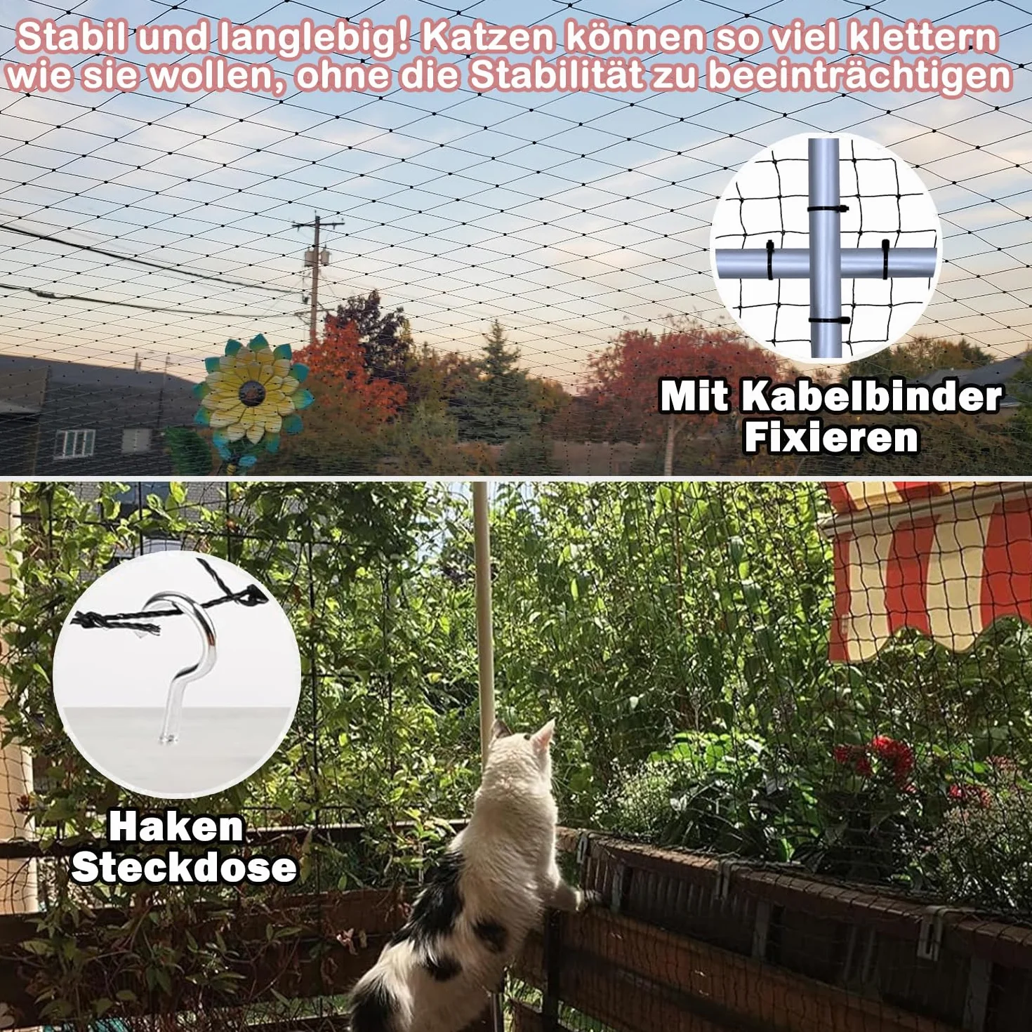 Siatka dla kota na balkon, 6 x 3 m, wzmocniona drutem, z linką mocującą 15 m i akcesoriami, mocna, trwała, odporna na promieniowanie UV, odporna na warunki atmosferyczne, nadaje się na balkon,