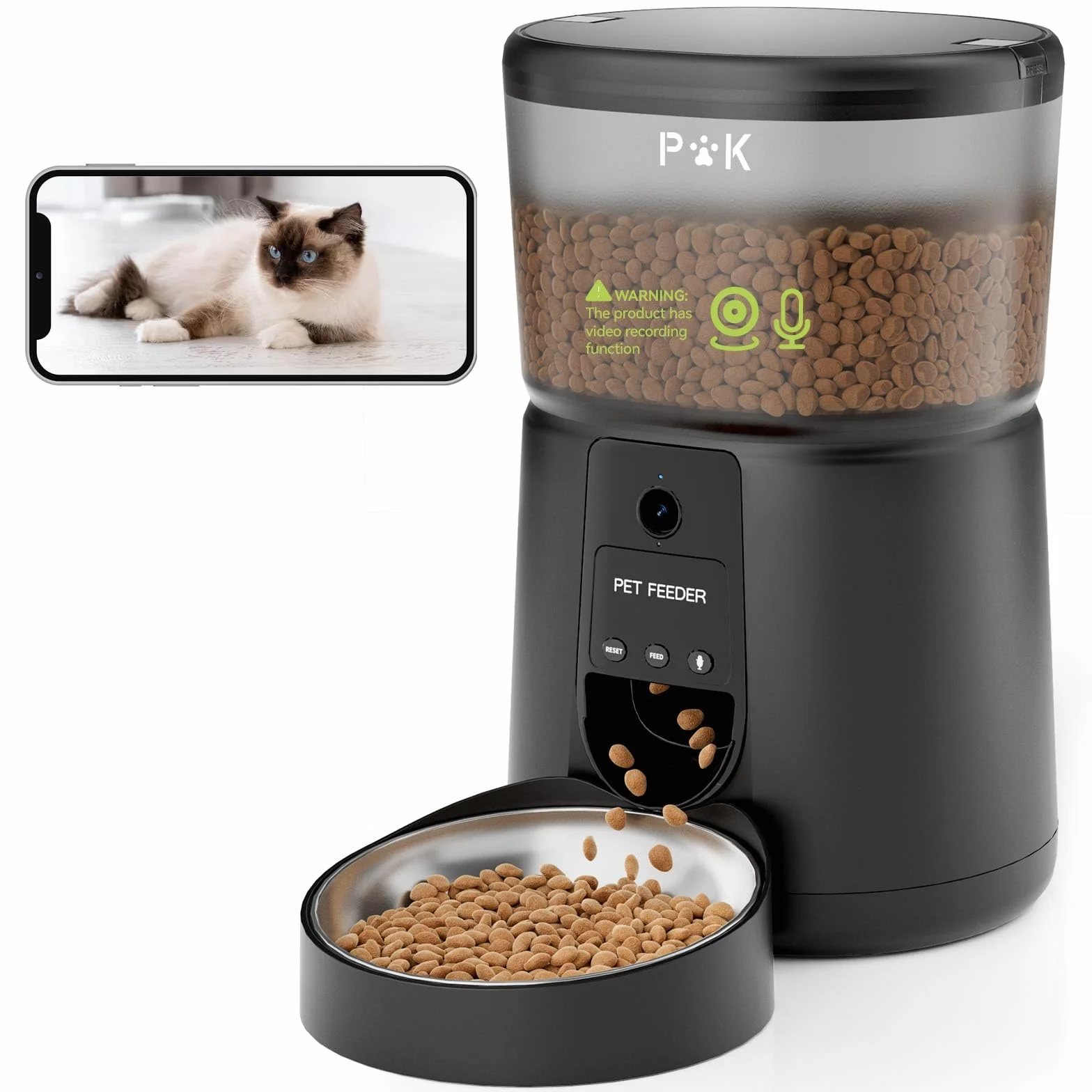 PUPPY KITTY Automatyczny dozownik karmy dla kota z kamerą 1080P, 2,4 G WiFi z aplikacją audio, noktowizor Miska ze stali nierdzewnej, 1–8 posiłków dziennie