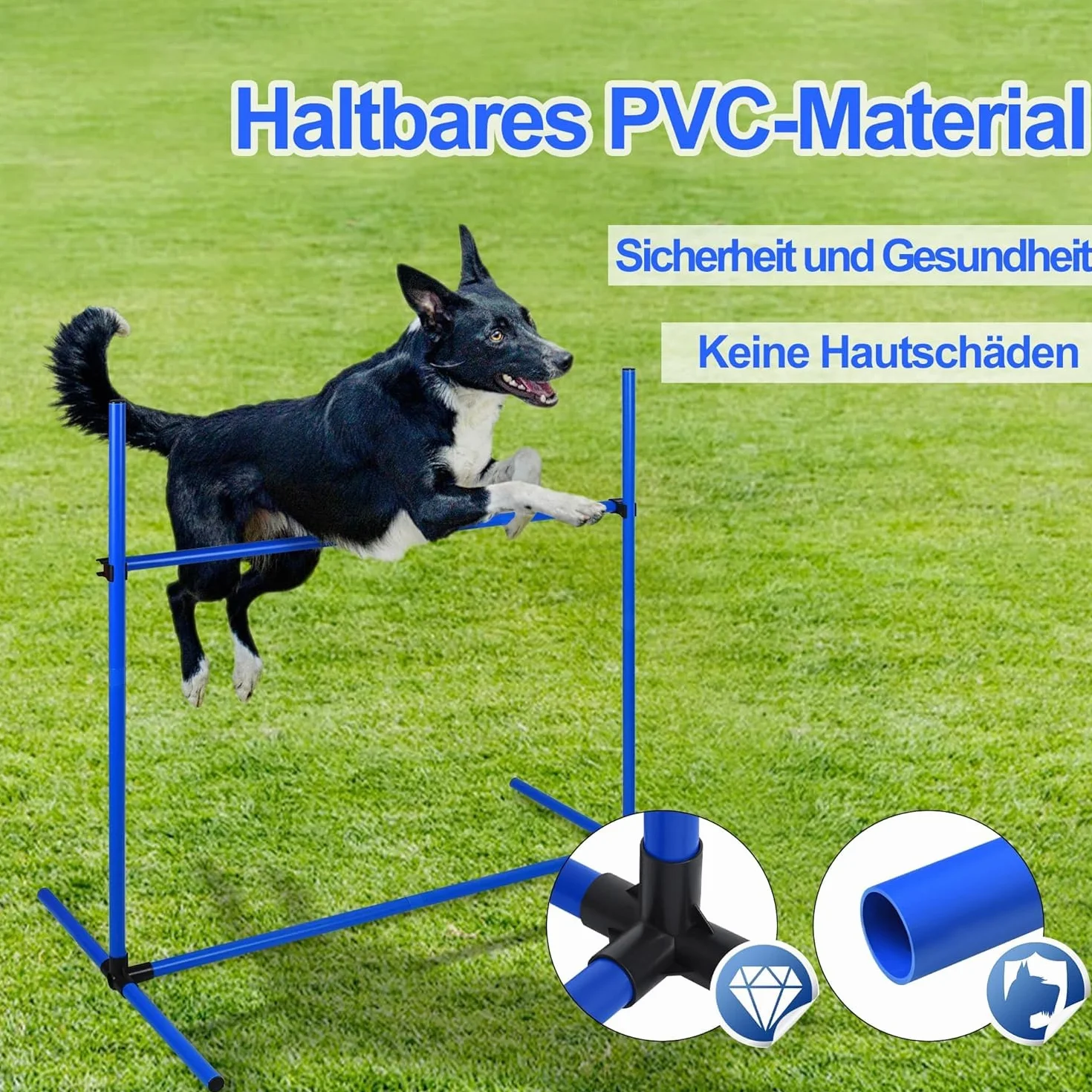 Agility zestaw płotek dla psów, pręty slalomowe, wyposażenie do treningu psów z 4 płotkami z regulacją wysokości, 104 x 70 x 101 cm, niebieski